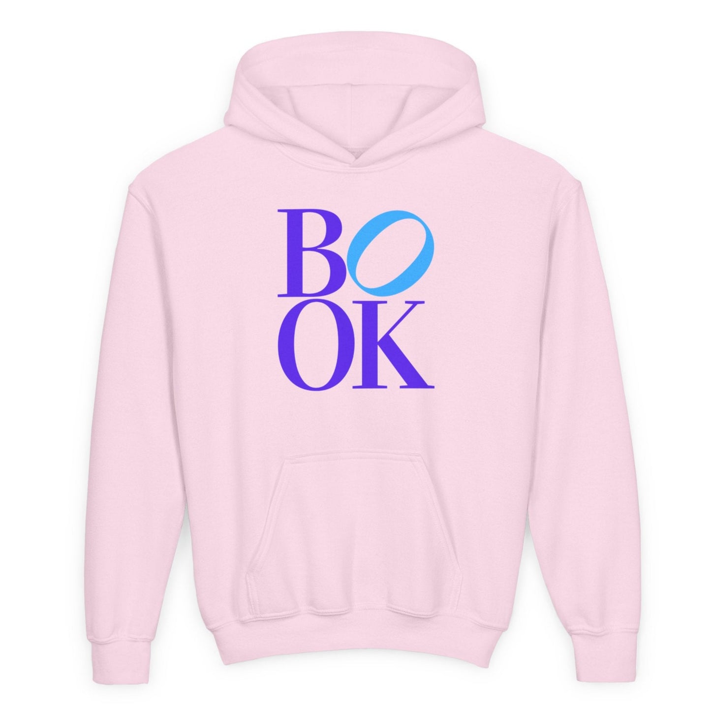 Pink hoodie with 'BOOK' text in blue and purple on a white background