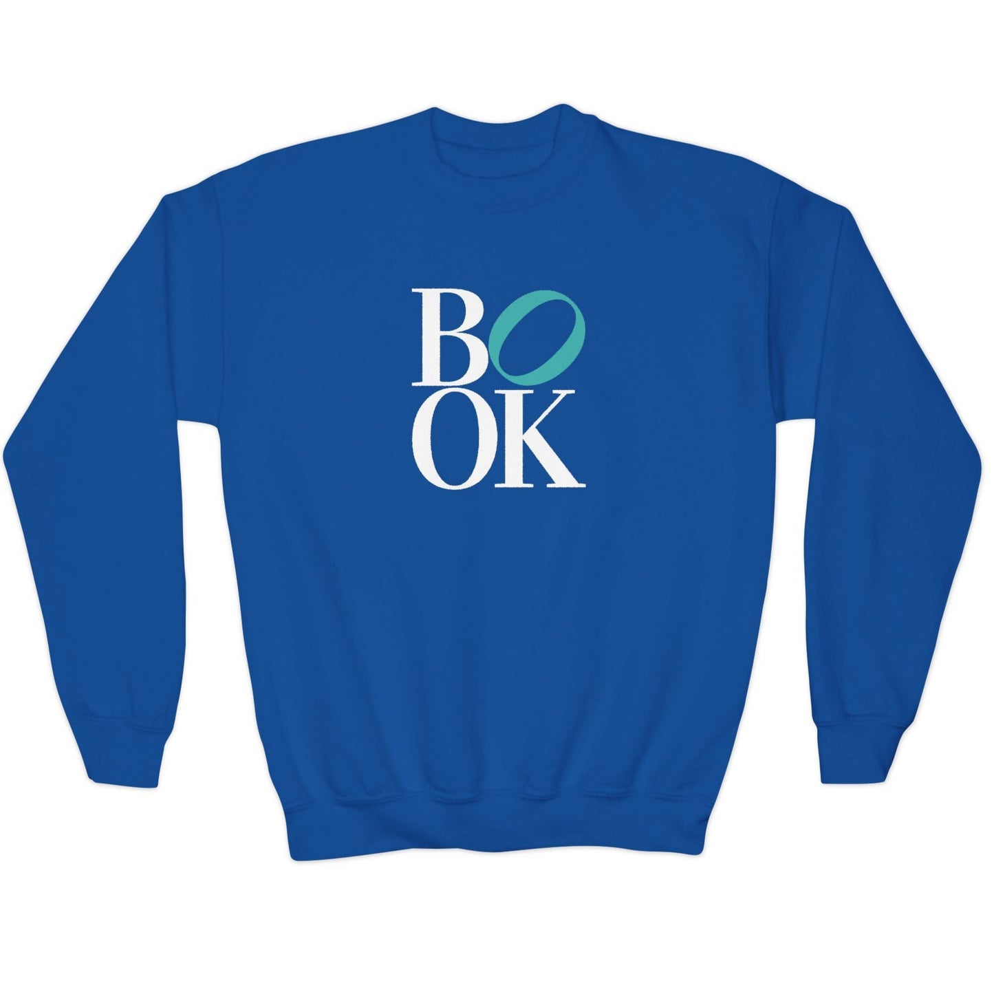 Blue sweatshirt with 'BOOK' text on a white background