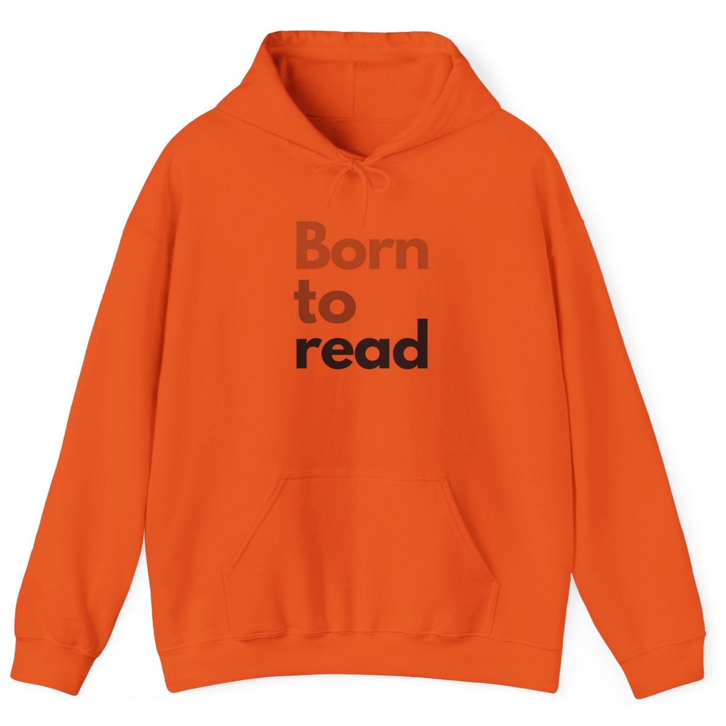 Orange hoodie with 'Born to read' text on a white background