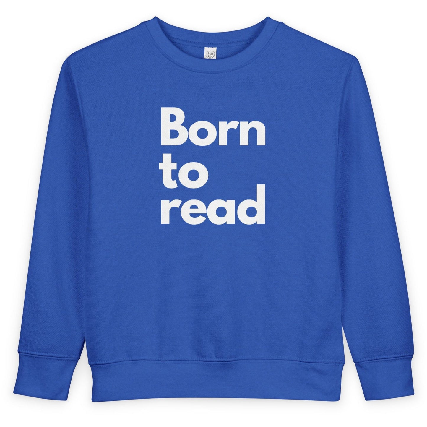 Blue sweatshirt with 'Born to read' text on a white background