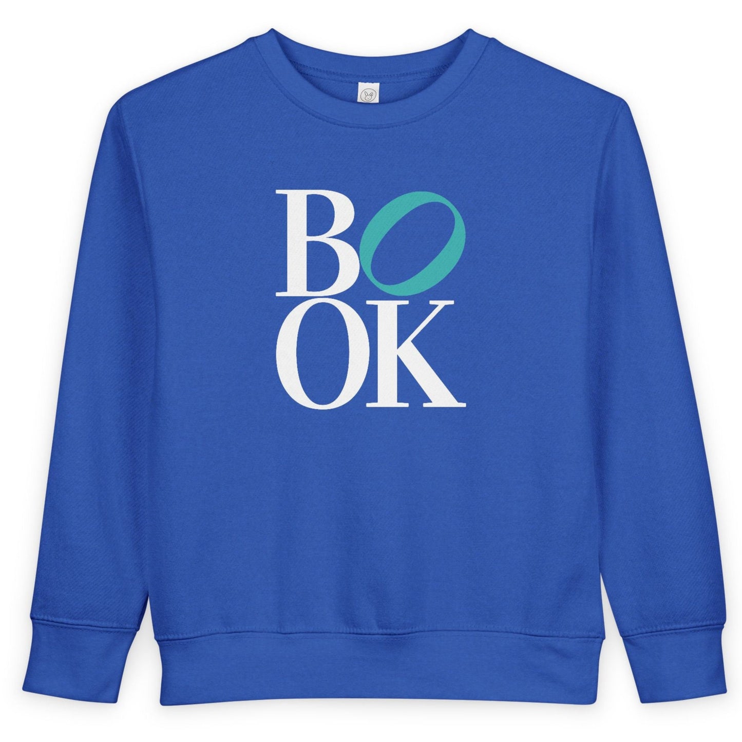 Blue sweatshirt with 'BOOK' text on a white background