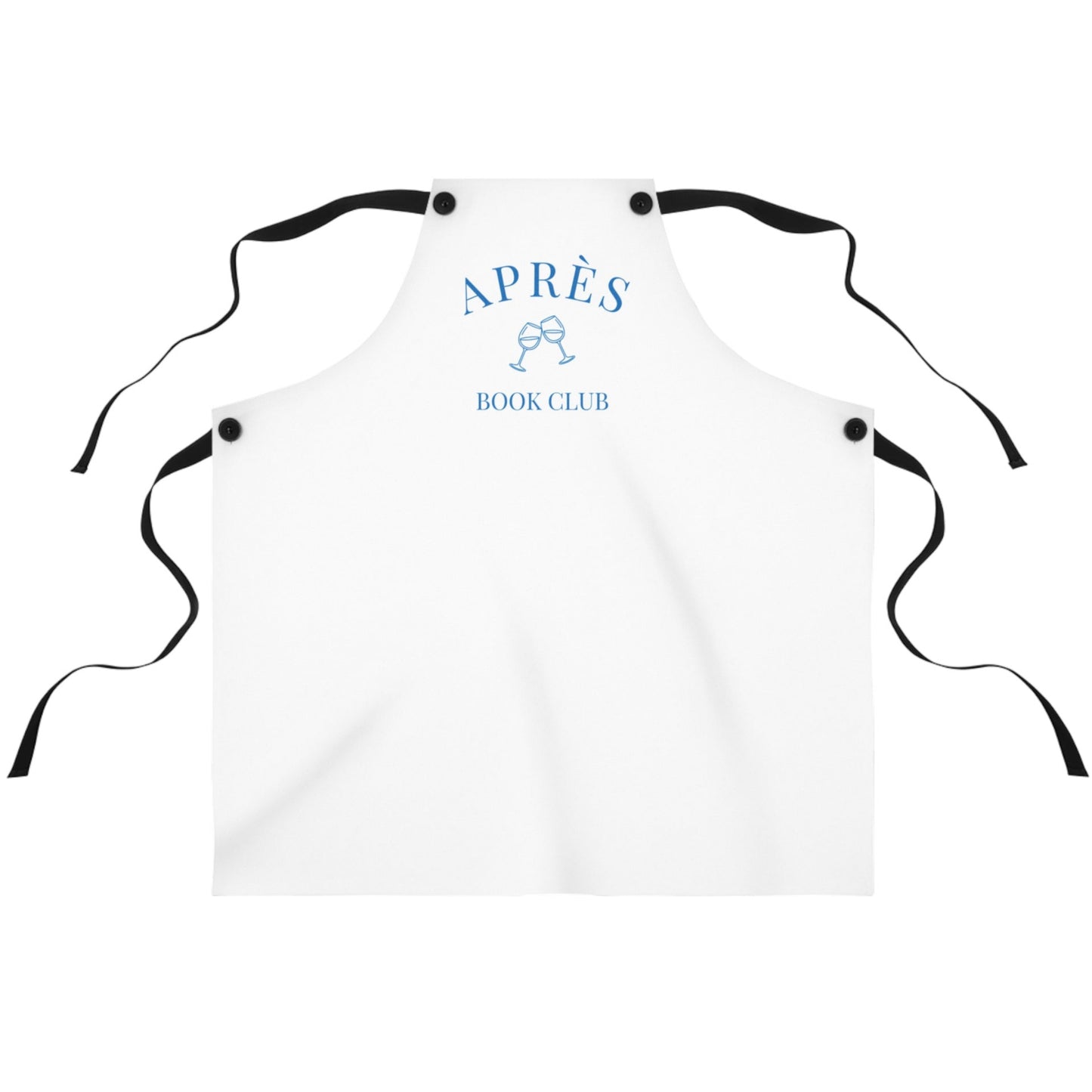 White apron with 'APRèS BOOK CLUB' text and logo on a white background