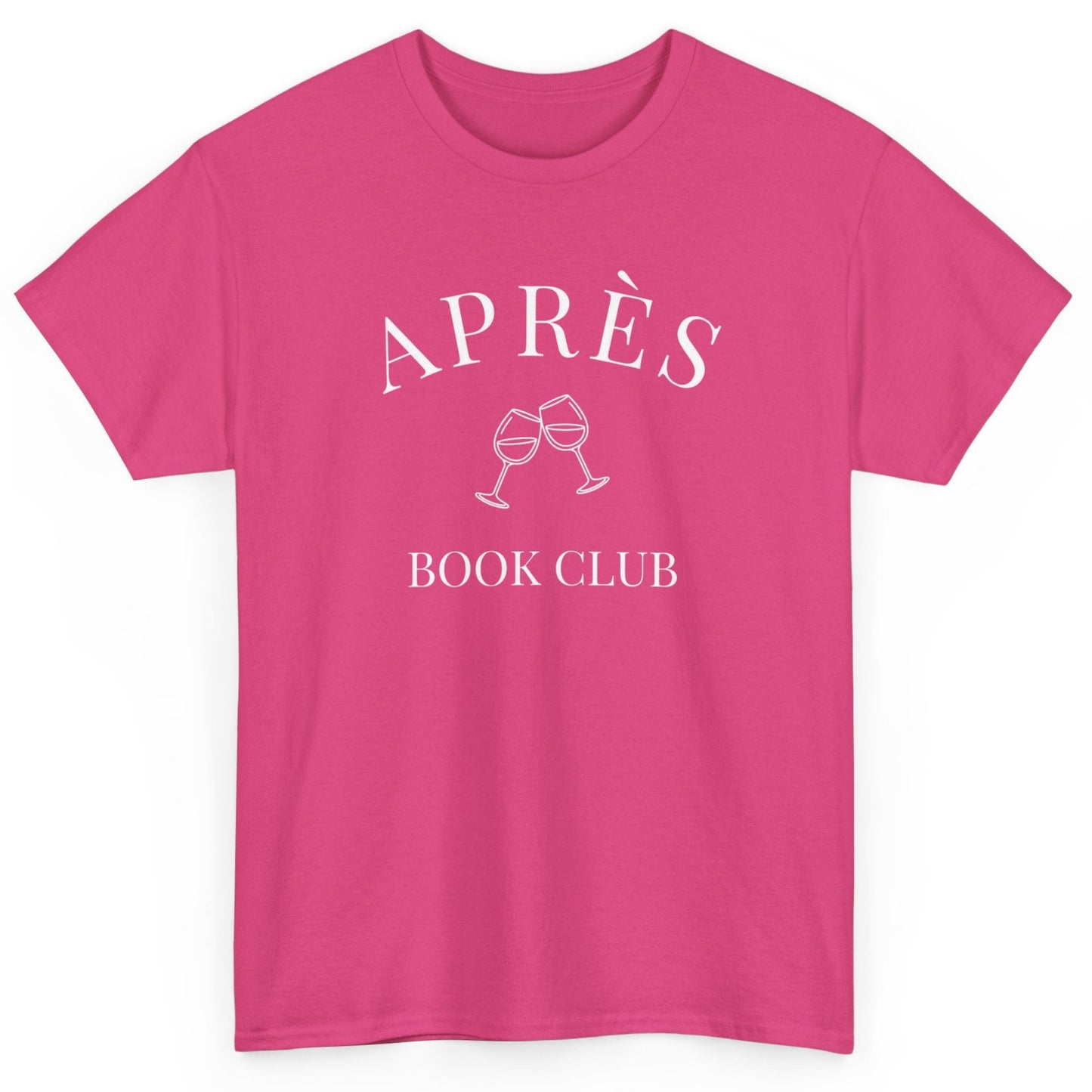 Pink t-shirt with 'APRÈS BOOK CLUB' text and graphics on a white background