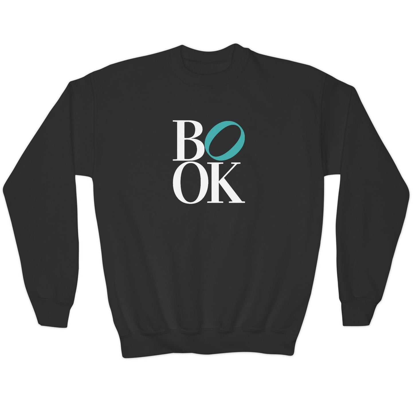 Black sweatshirt with 'BOOK' text on the back against a white background