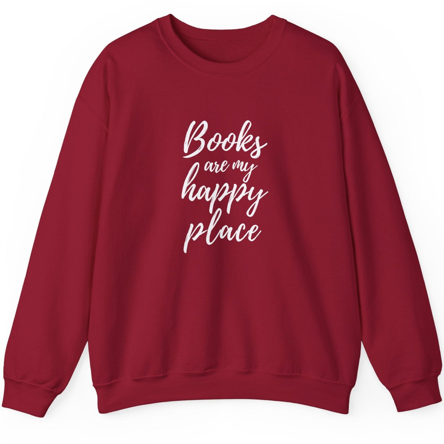 A red sweatshirt with the text 'Books are my happy place'