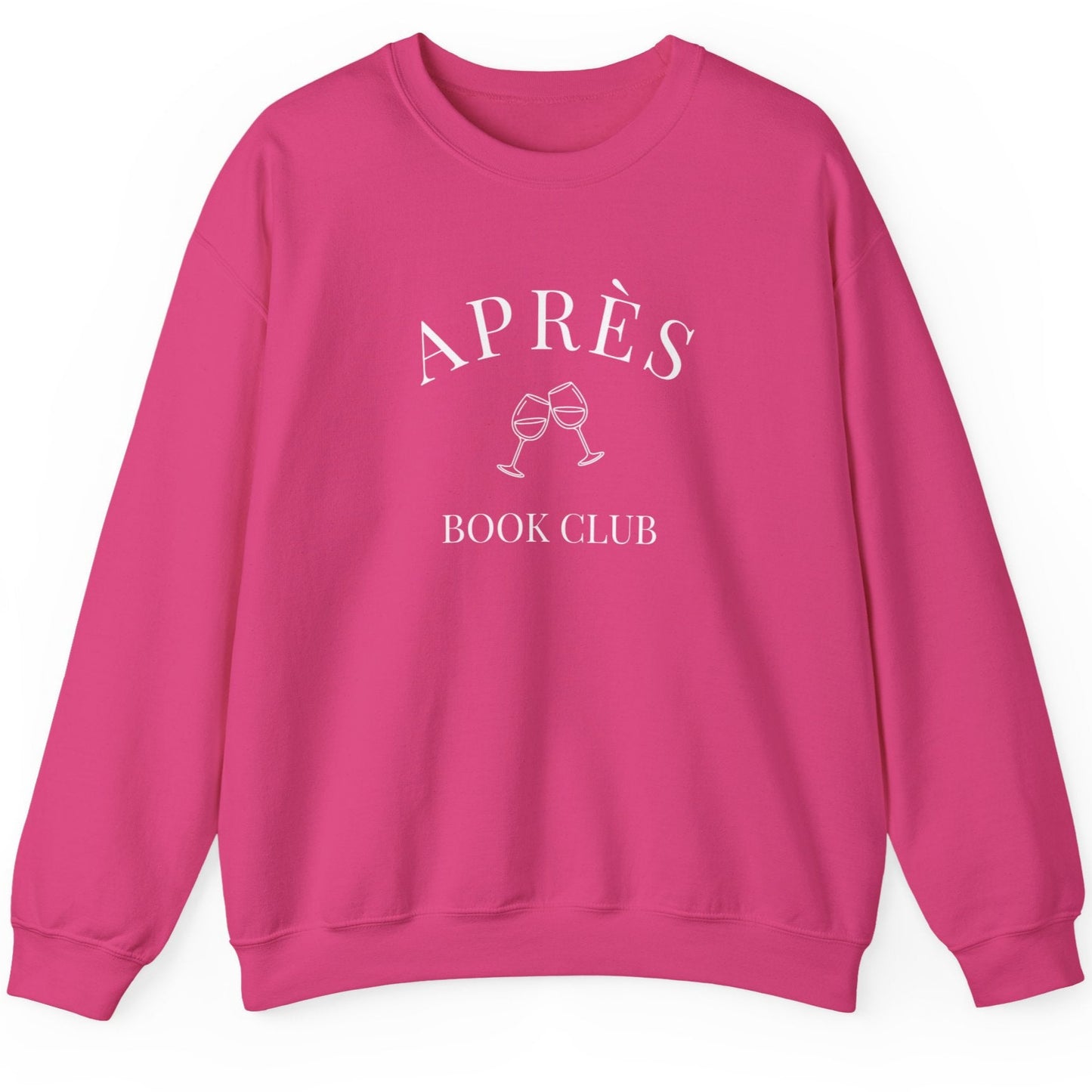 Pink sweatshirt with 'APRèS BOOK CLUB' text and design on a white background