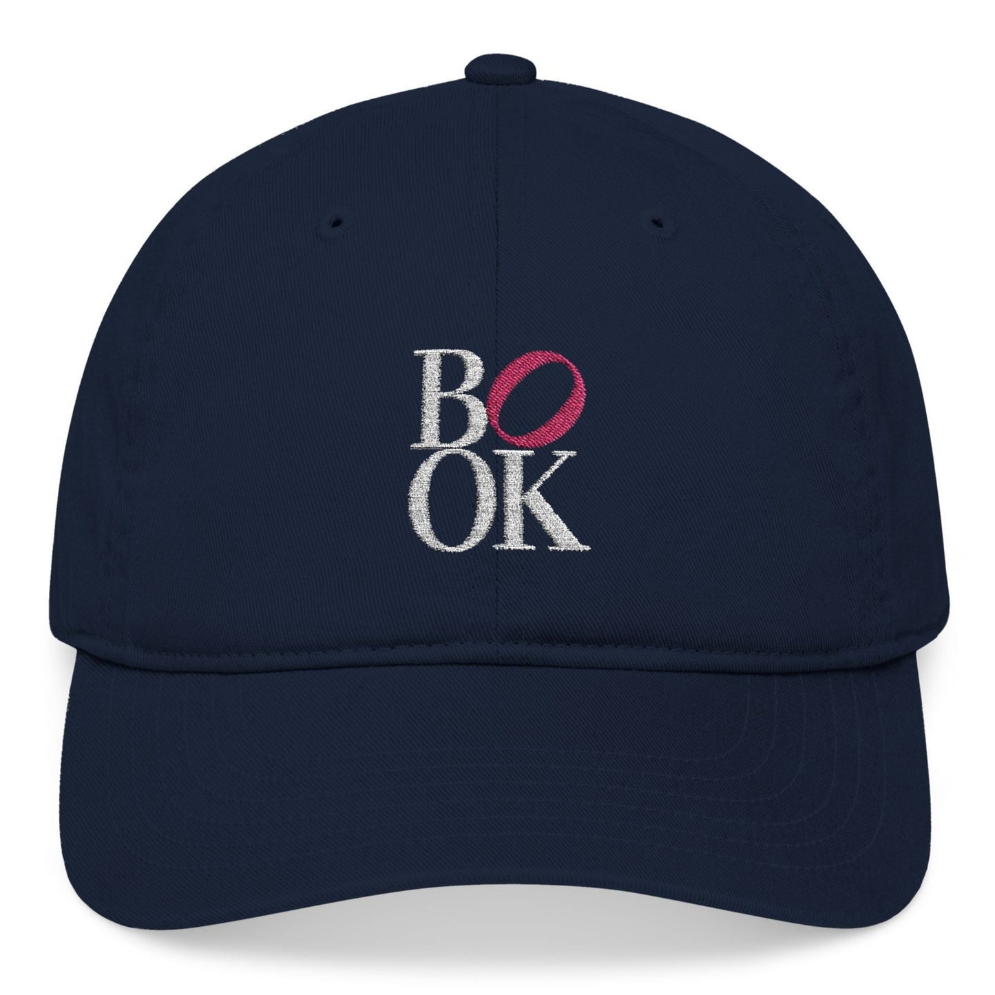 Navy blue cap with 'BOOK' logo on a white background