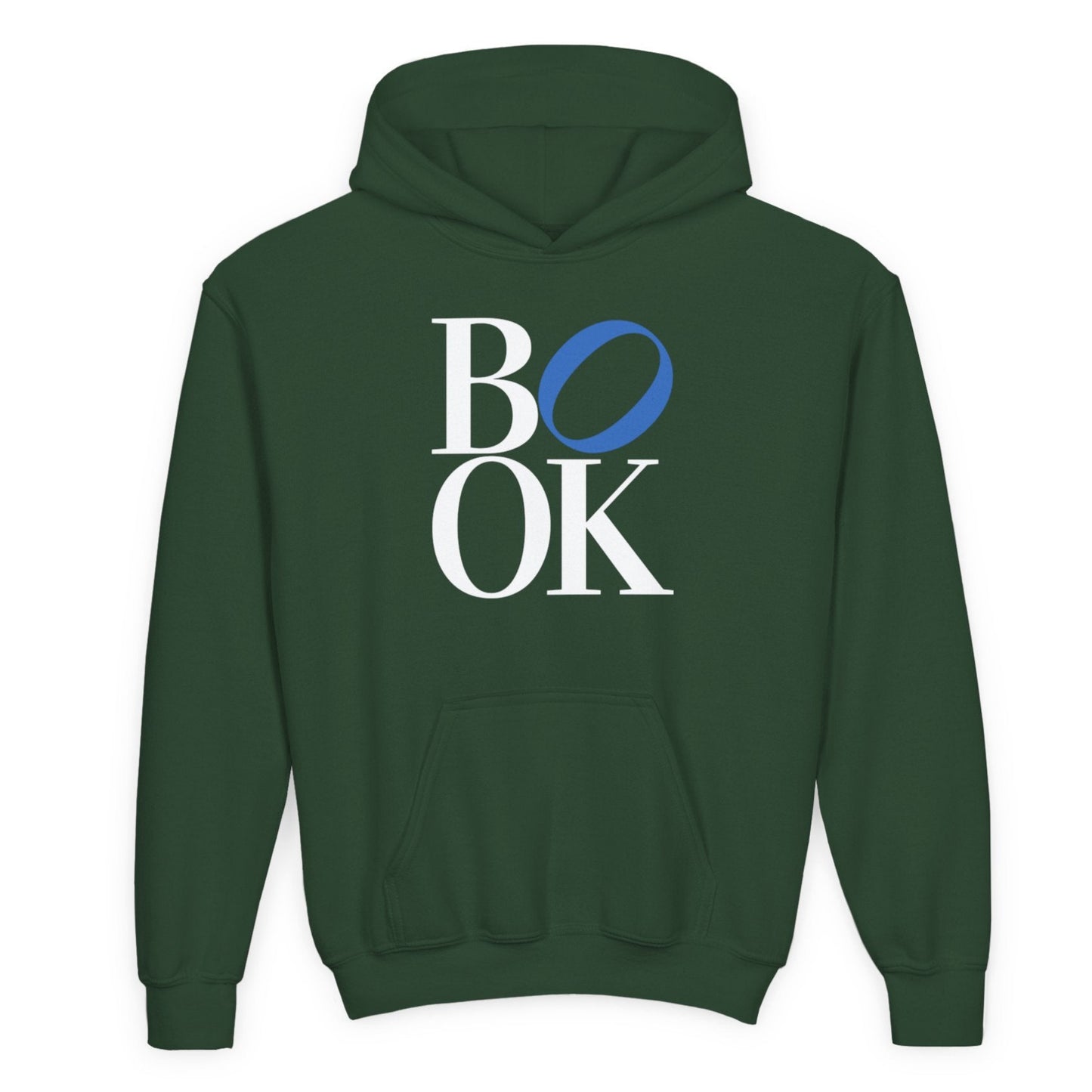 Green hoodie with 'BOOK' text on the back against a white background