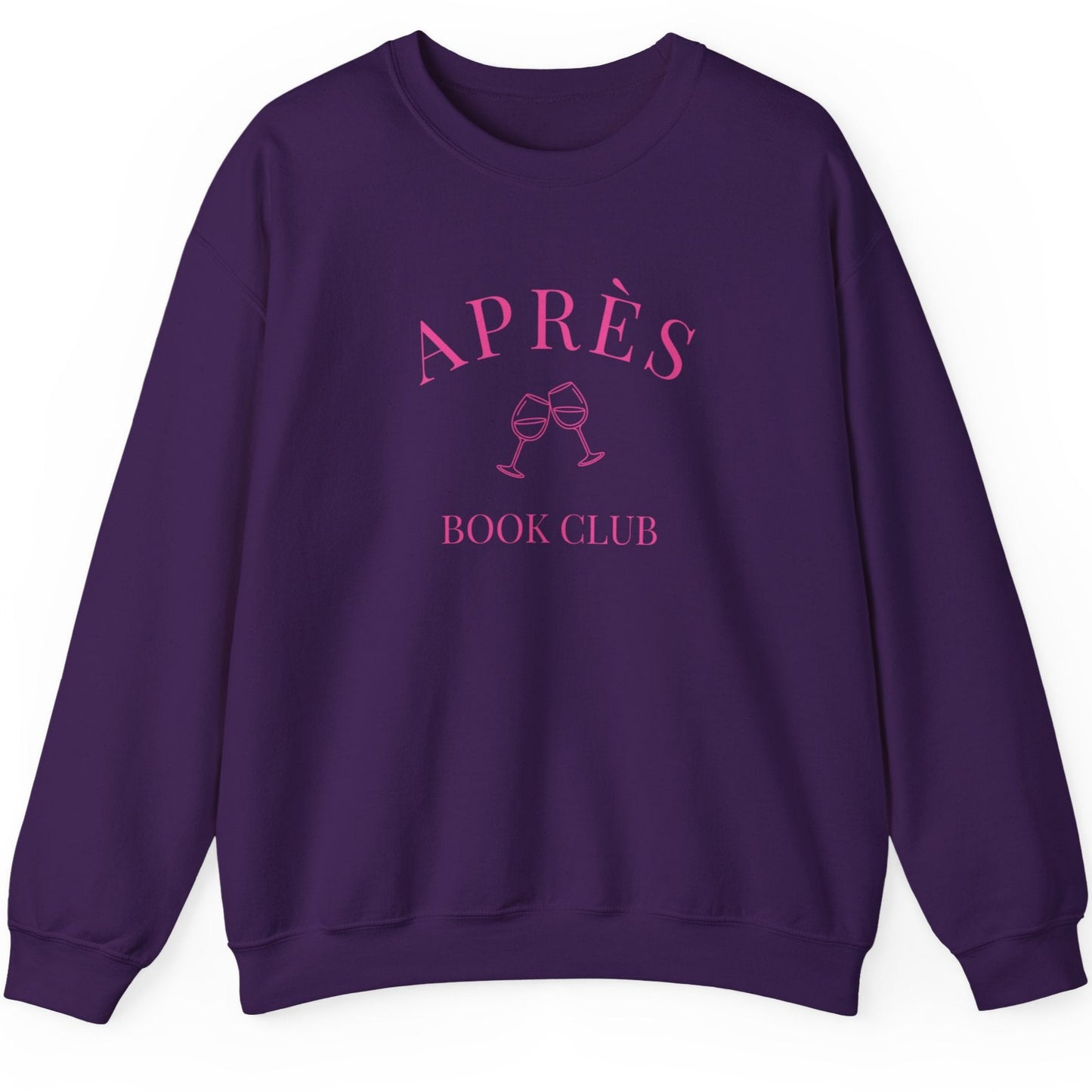 Purple sweatshirt with 'APRèS BOOK CLUB' text on a white background