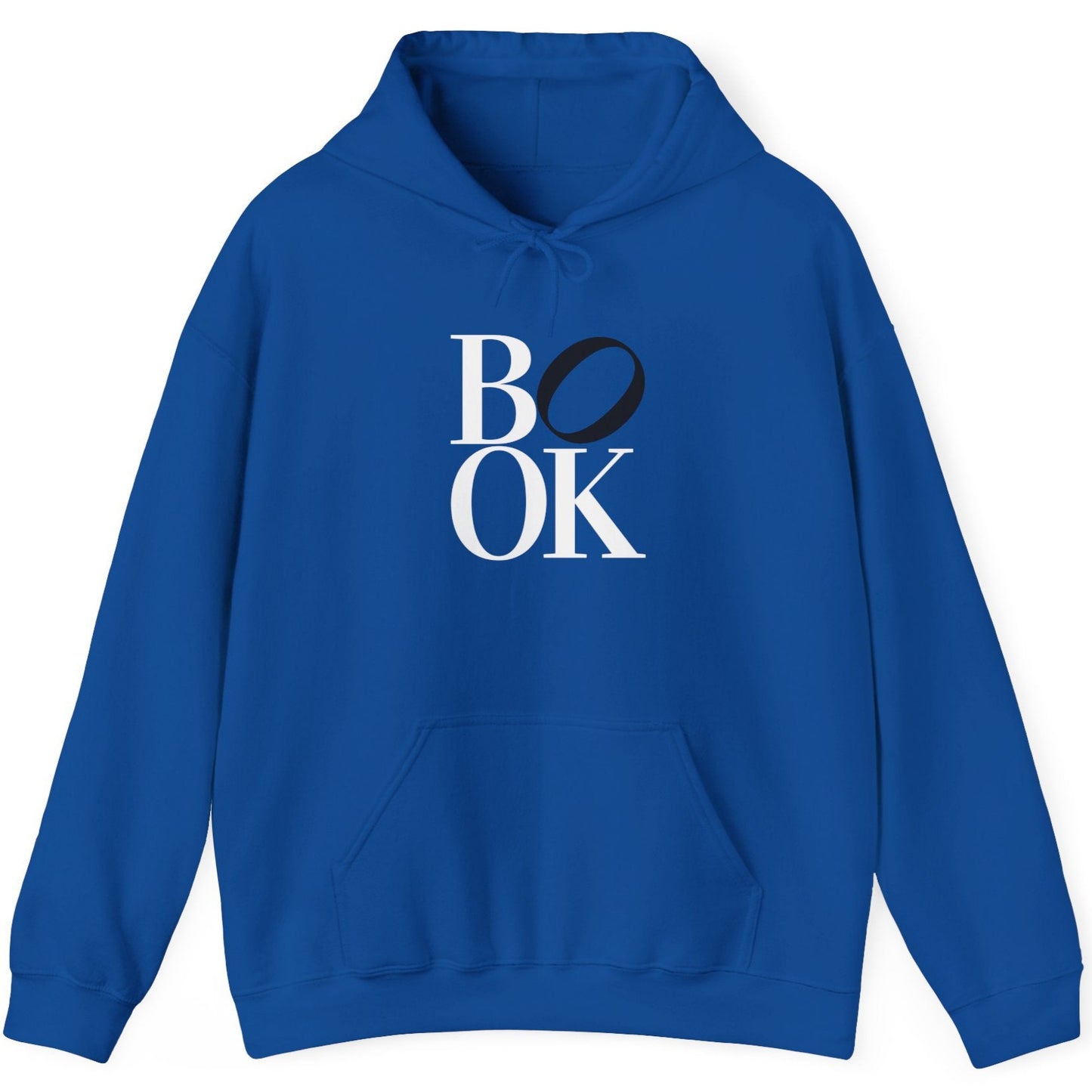 Blue hoodie with 'BOOK' text on a white background