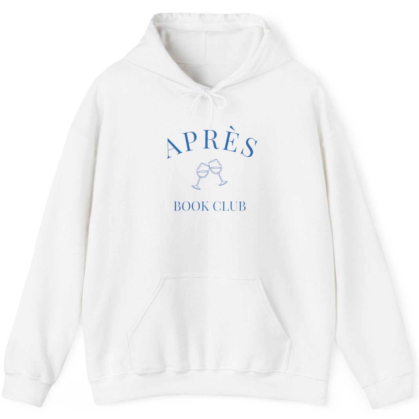 White hoodie with 'APRèS BOOK CLUB' text on a white background