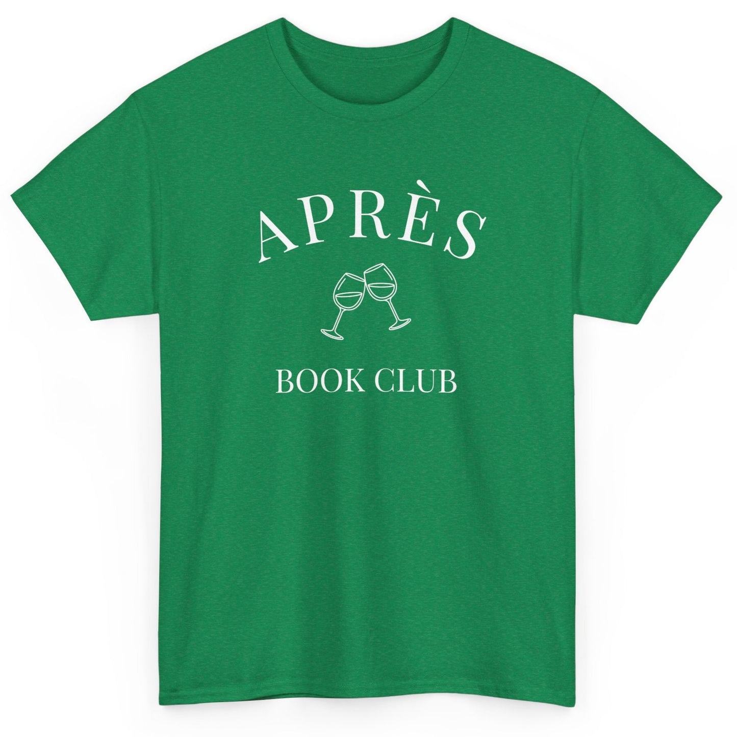Green t-shirt with 'APRÈS BOOK CLUB' text and graphics on a white background