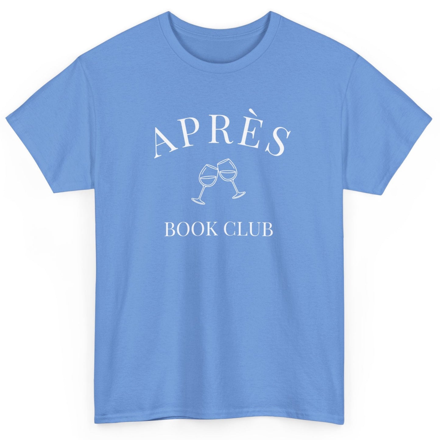 Blue t-shirt with 'APRÈS BOOK CLUB' text and graphic on a white background