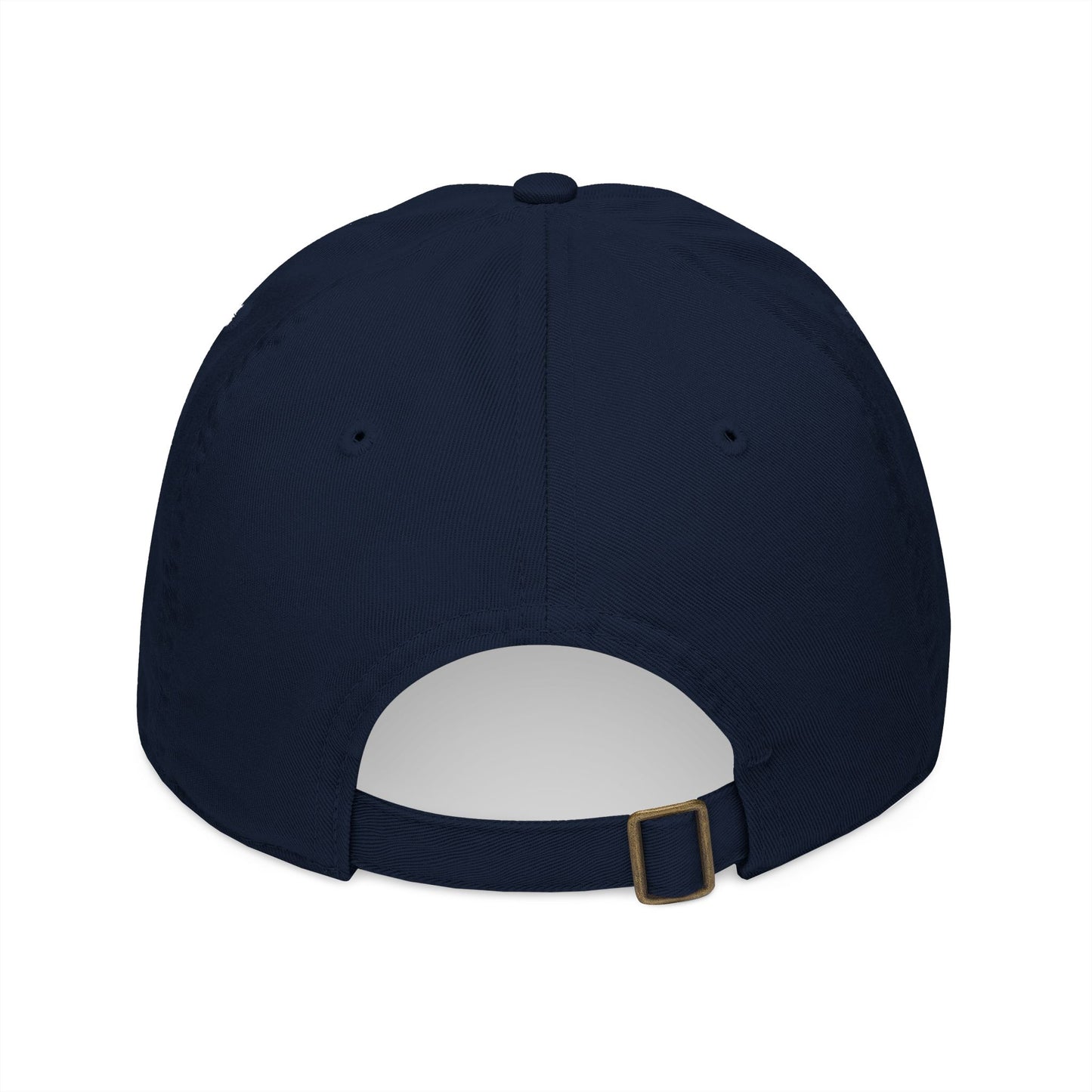 Navy blue baseball cap with a white interior and gold buckle on a white background