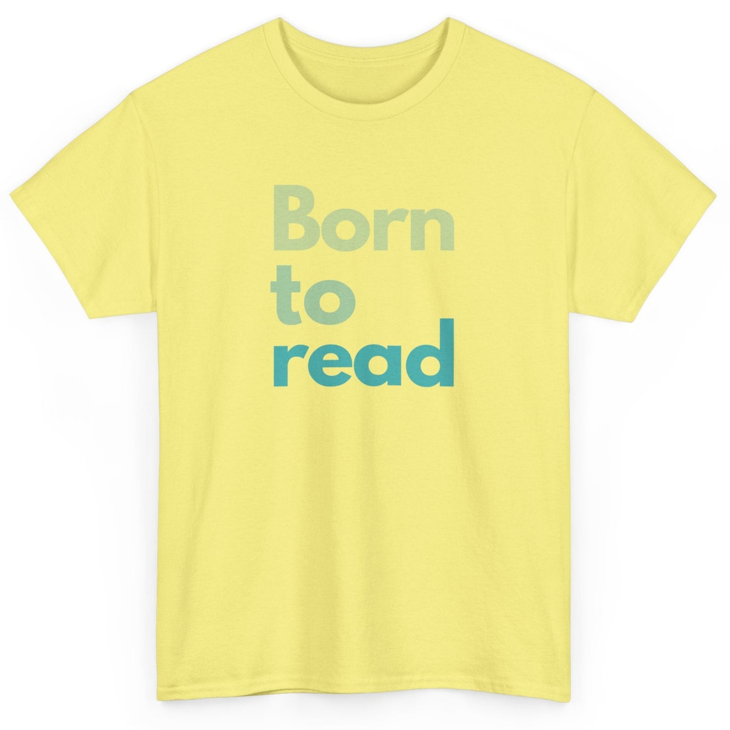 Yellow t-shirt with 'Born to read' text on a white background