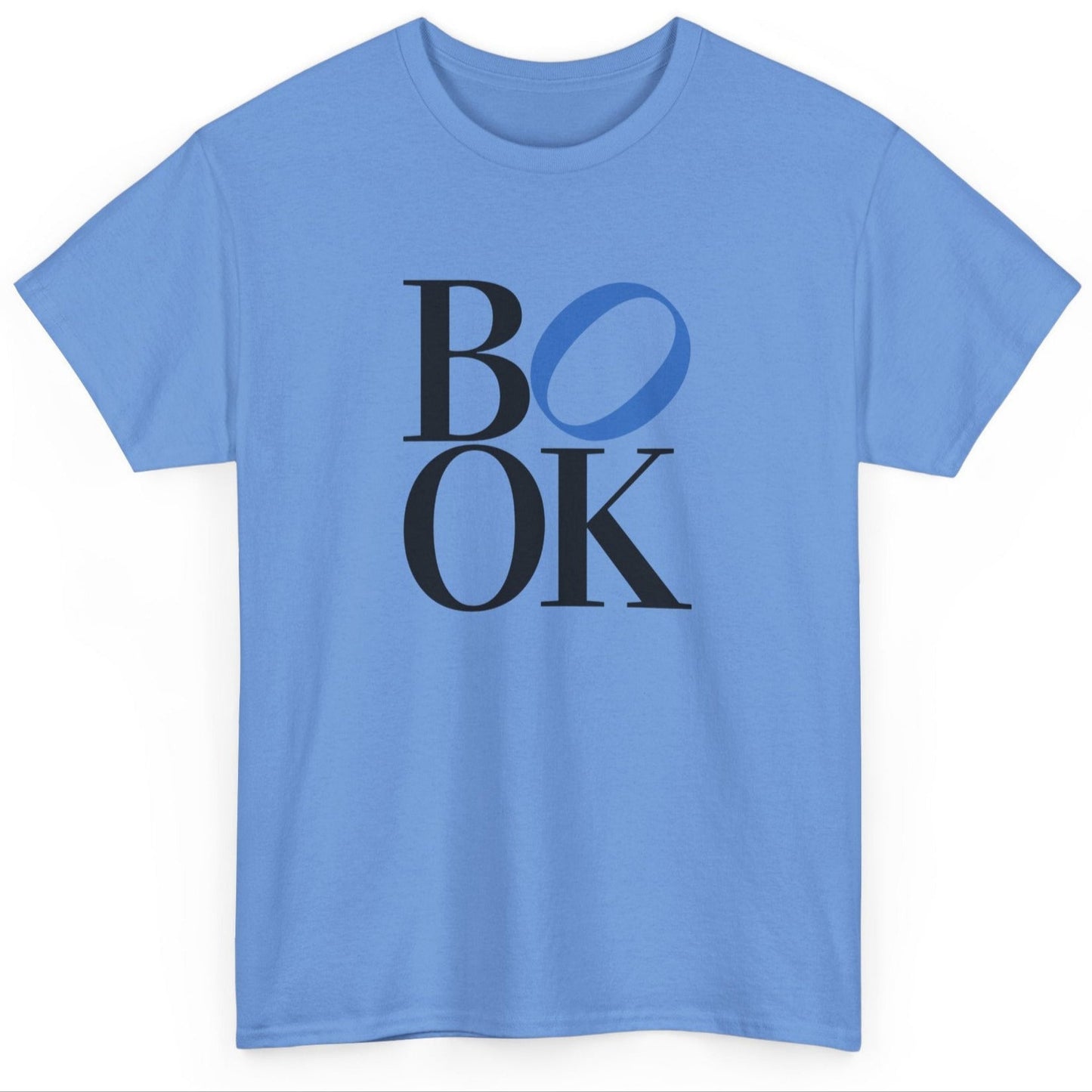 Light blue t-shirt with 'BOOK' text design on a white background