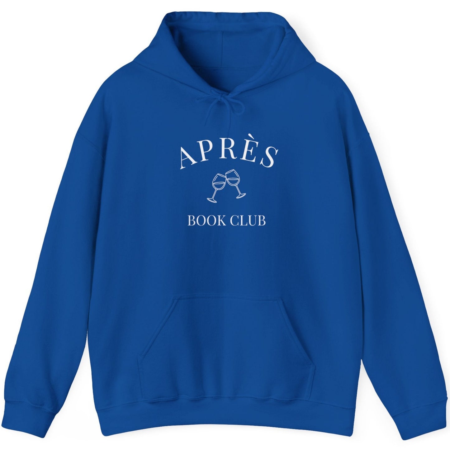 Blue hoodie with 'APRèS BOOK CLUB' text on a white background