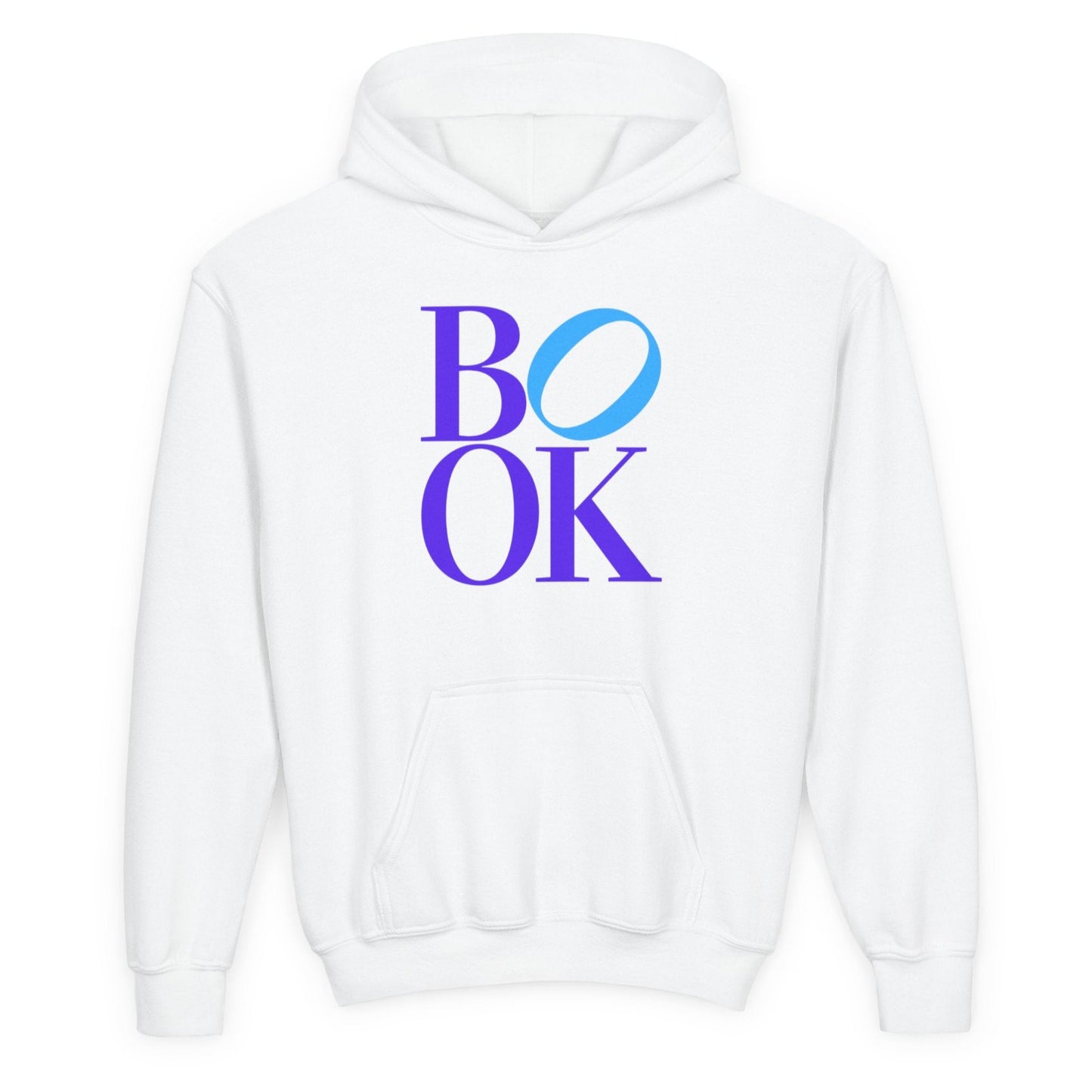 White hoodie with 'BOOK' printed on the front
