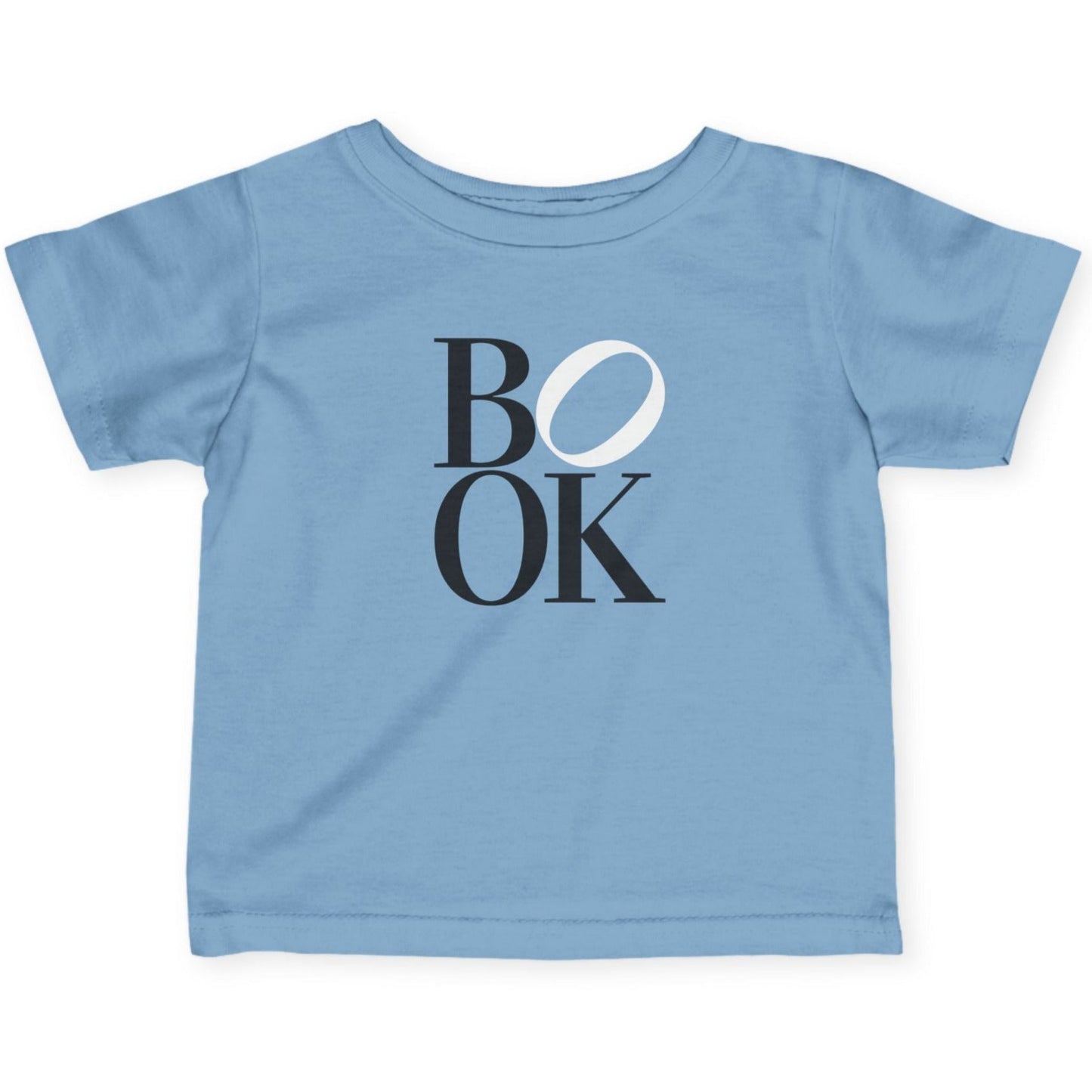 Light blue t-shirt with 'BOOK' printed on it against a white background