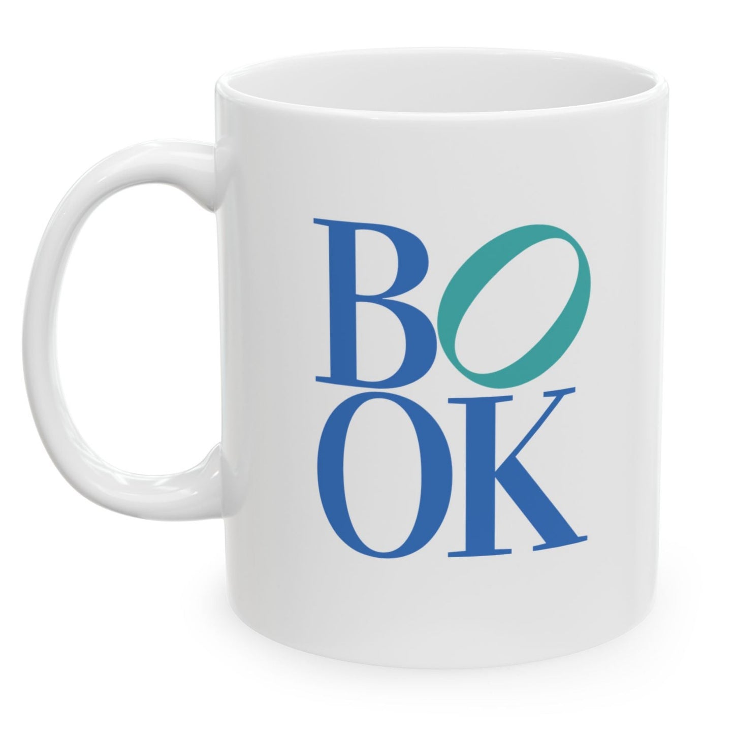 White mug with 'BOOK' printed in blue and green on a white background