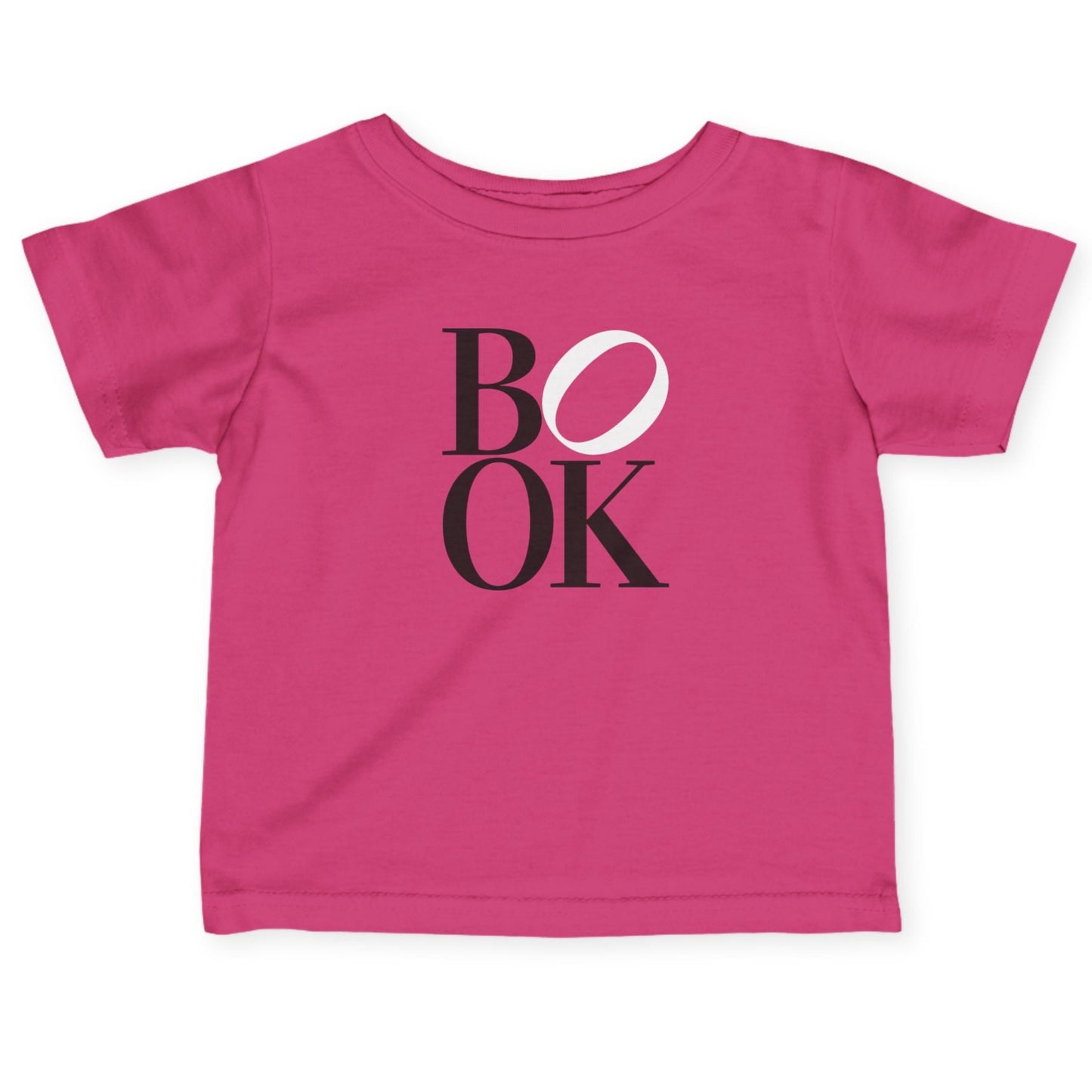 Pink t-shirt with 'BOOK' printed on it against a white background