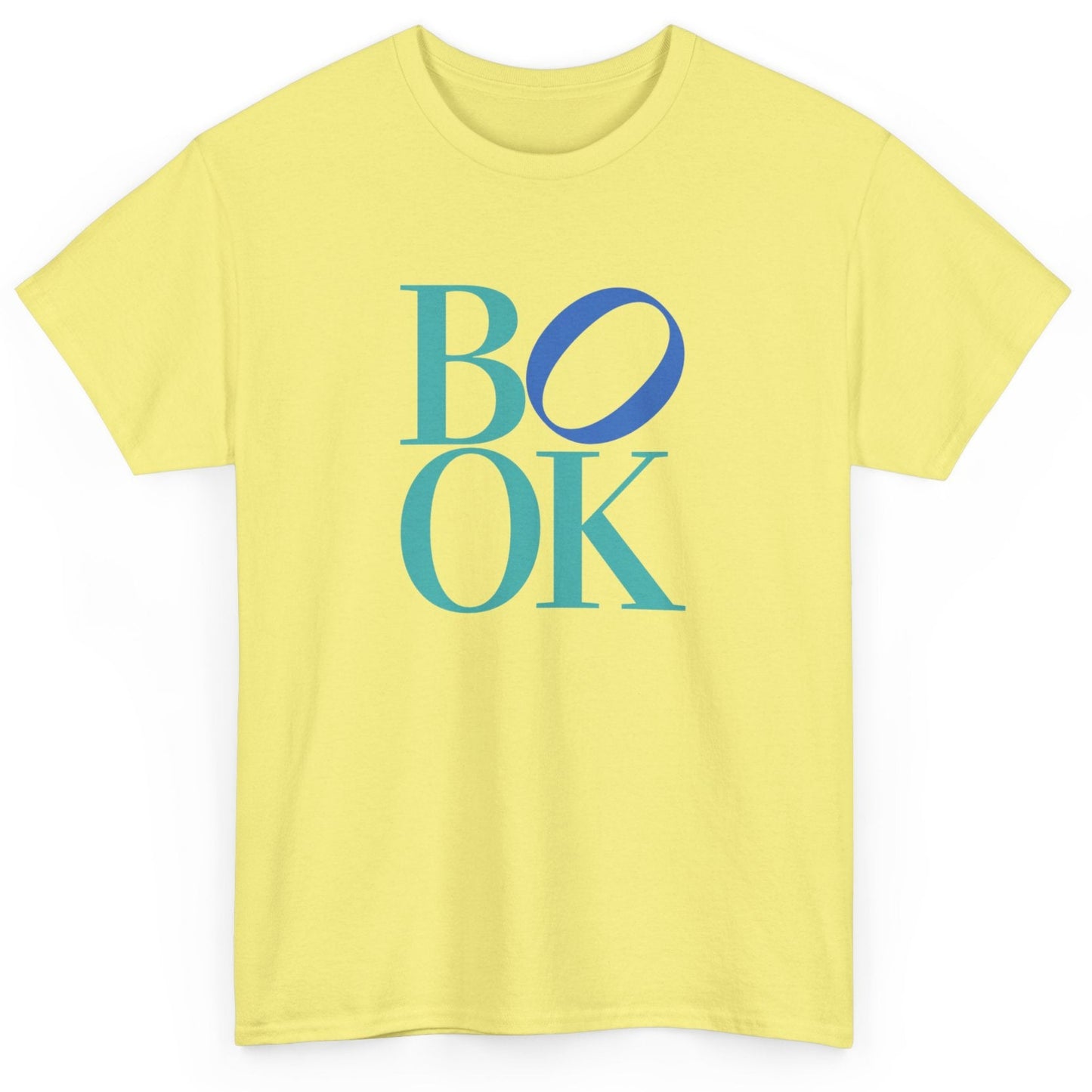 Yellow t-shirt with 'BOOK' printed in blue and teal on a white background