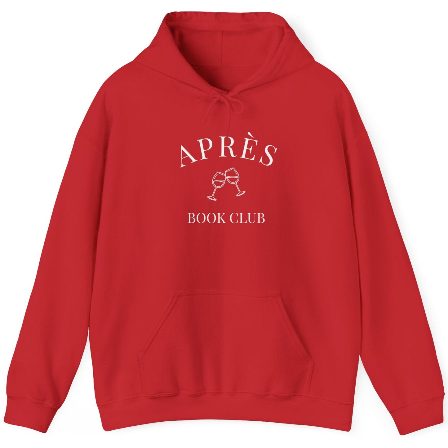 Red hoodie with 'APRèS BOOK CLUB' text on a white background