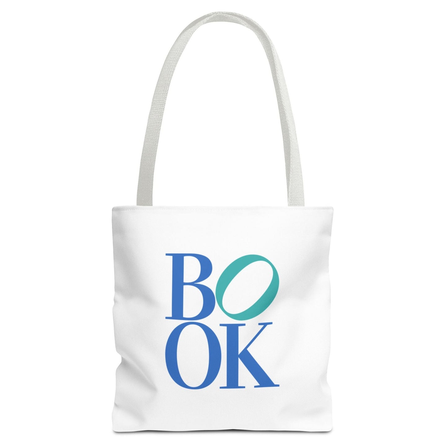 White tote bag with 'BOOK' printed in blue and green on a white background