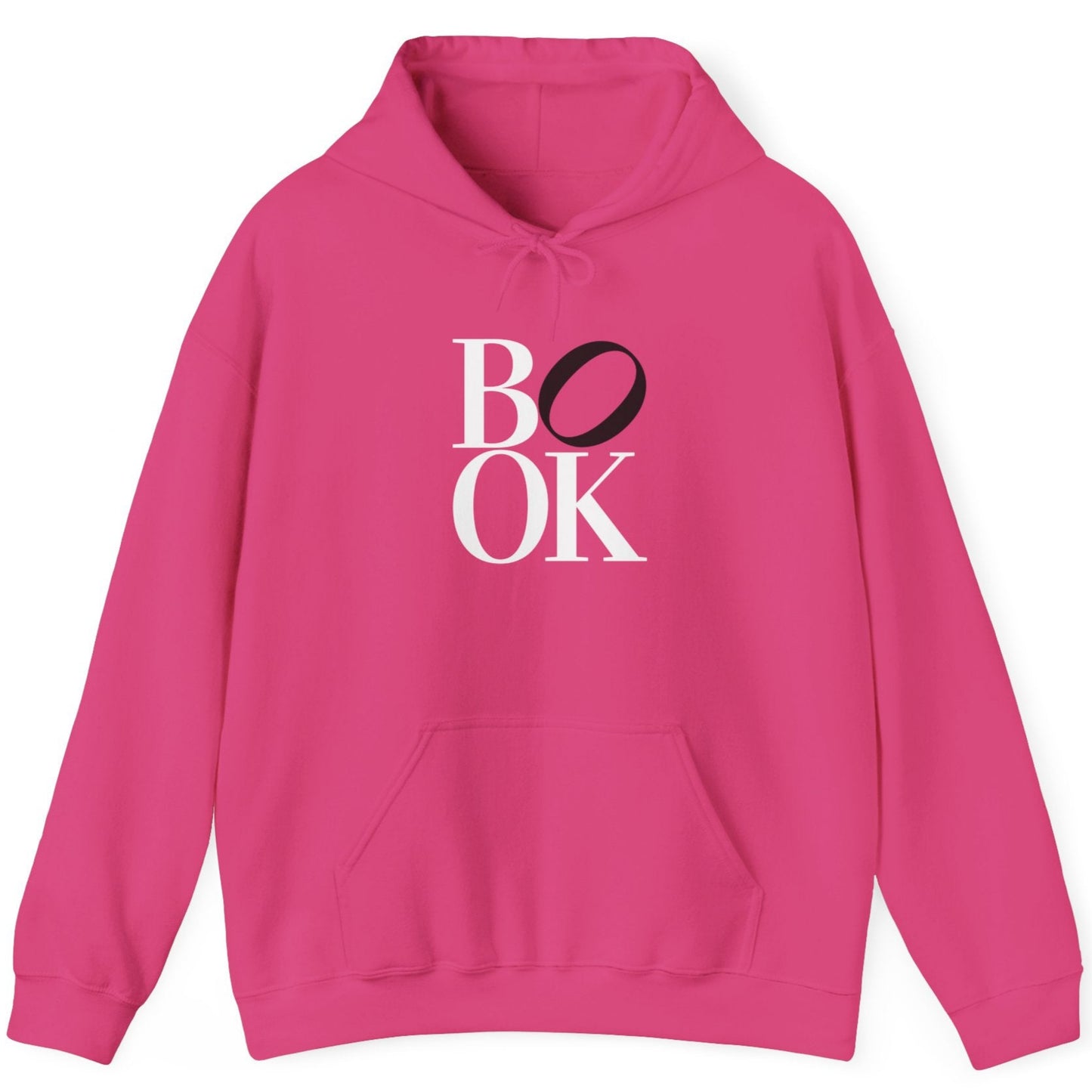 Pink hoodie with 'BOOK' text on a white background