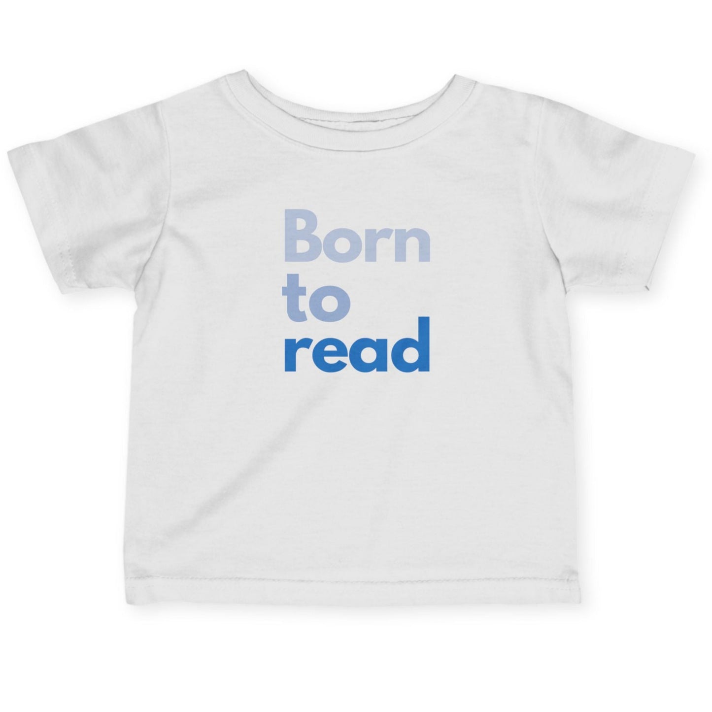 White t-shirt with 'Born to read' text on a white background