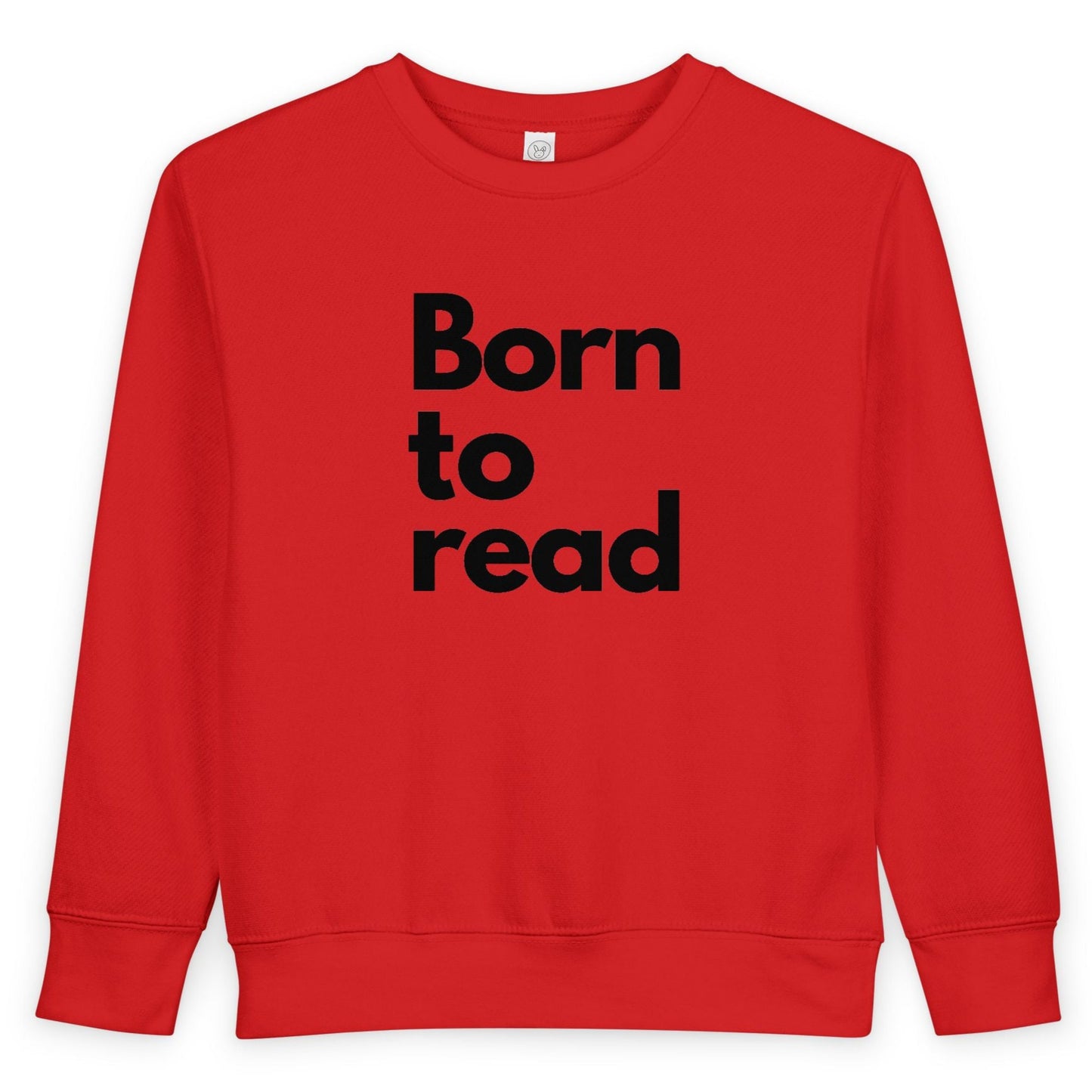 Red sweatshirt with 'Born to read' text on a white background