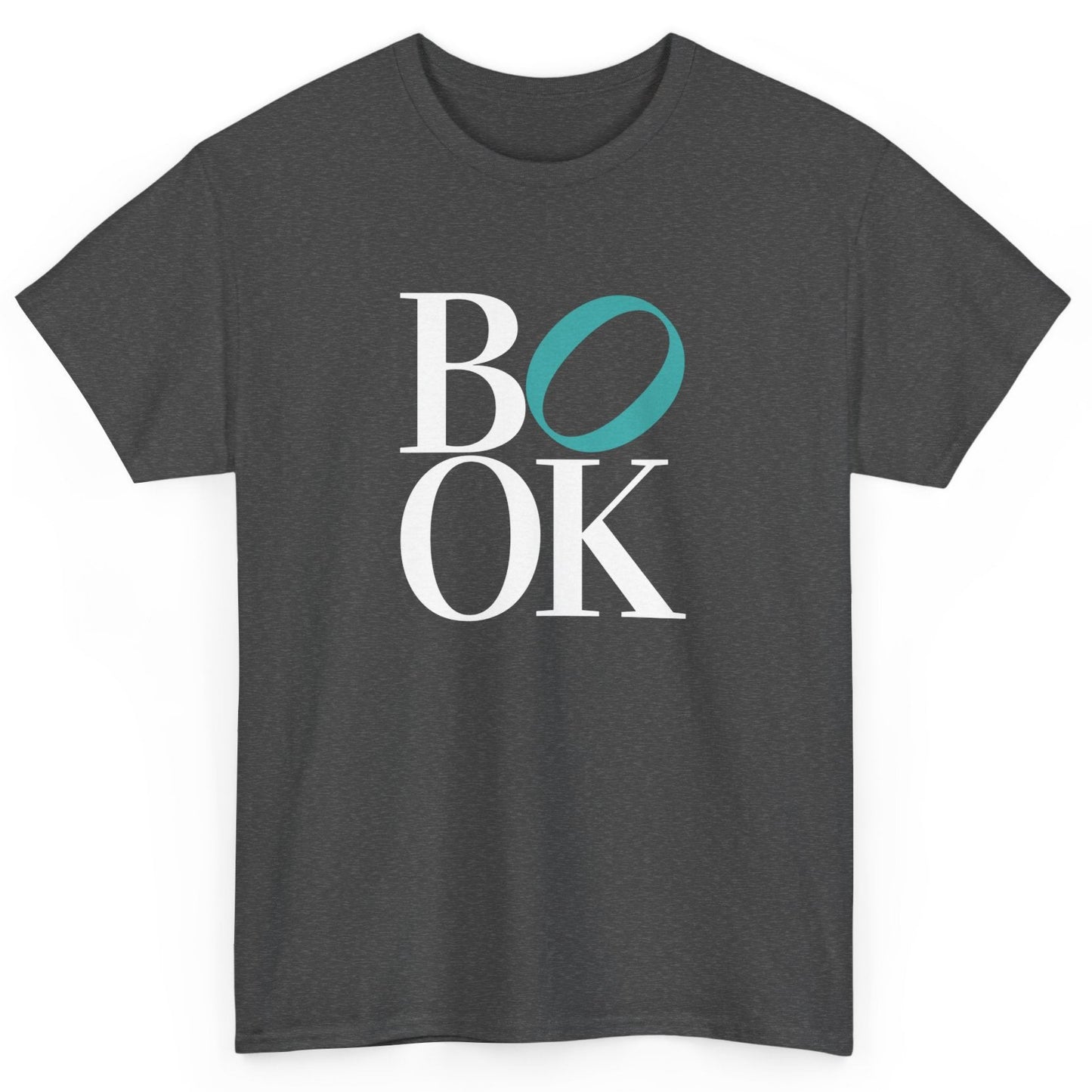 Dark gray t-shirt with 'BOOK' text design on a white background