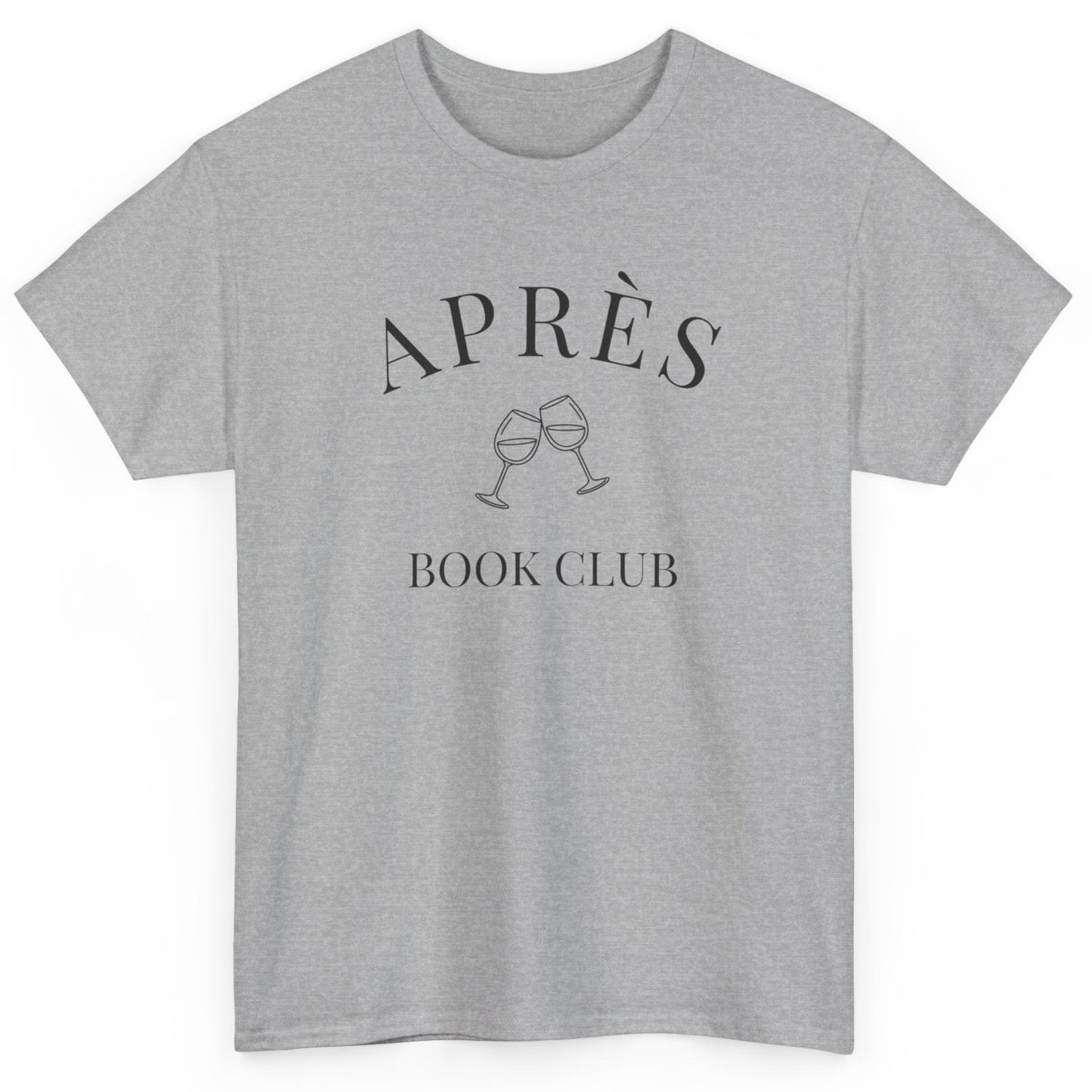 Gray t-shirt with 'APRÈS BOOK CLUB' text and wine glass graphics on a white background