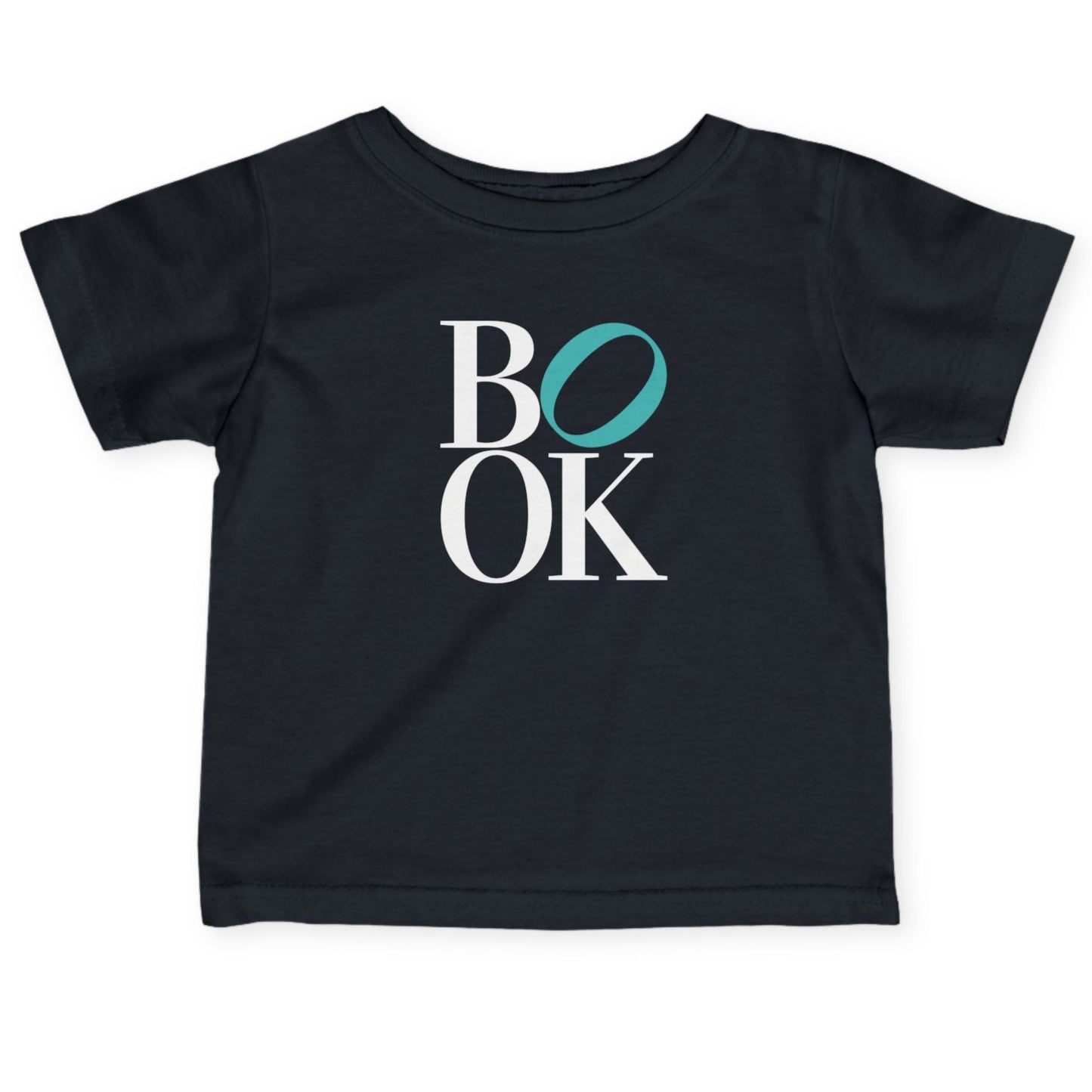 Black t-shirt with 'BOOK' text design on a white background