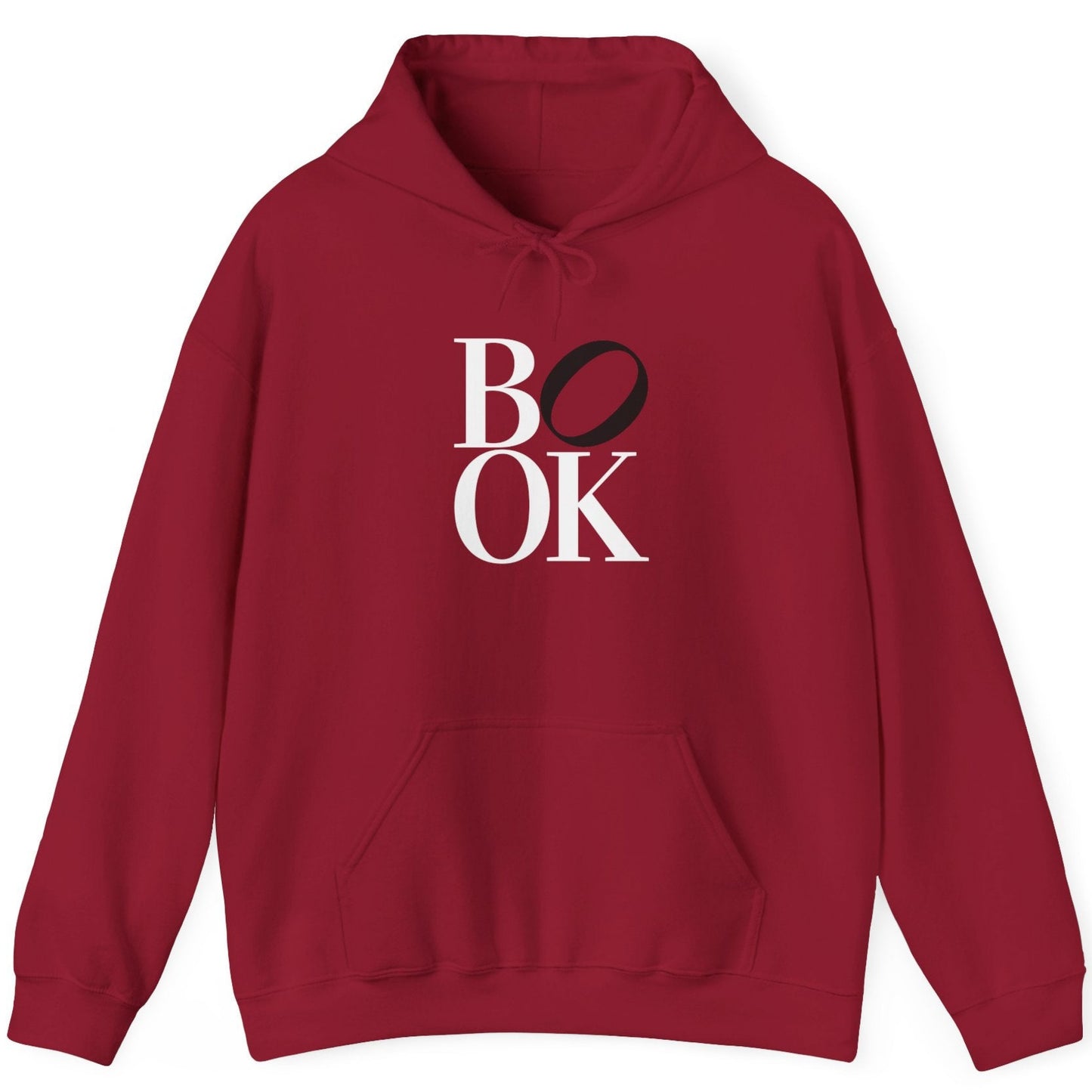 Red hoodie with 'BOOK' text on a white background