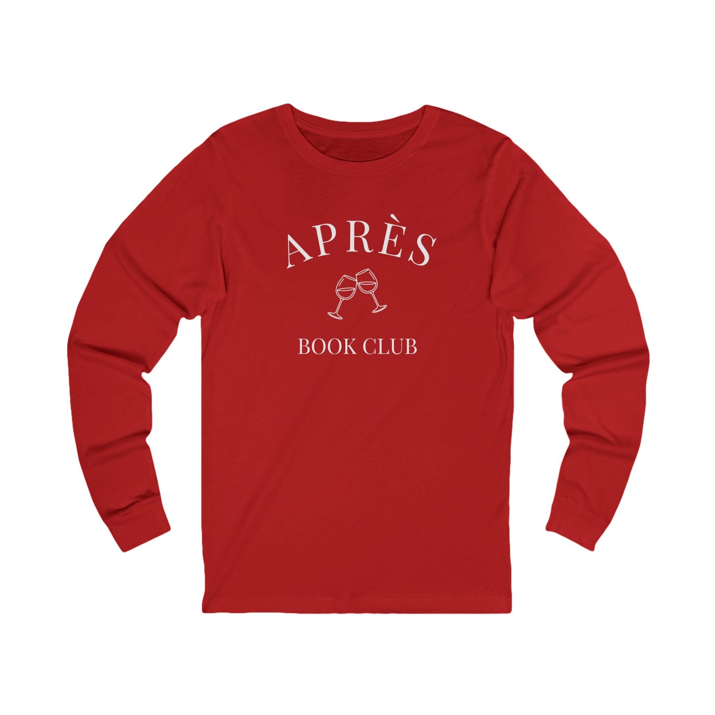 Red long-sleeve shirt with 'Apres Book Club' text and wine glass graphics on a white background