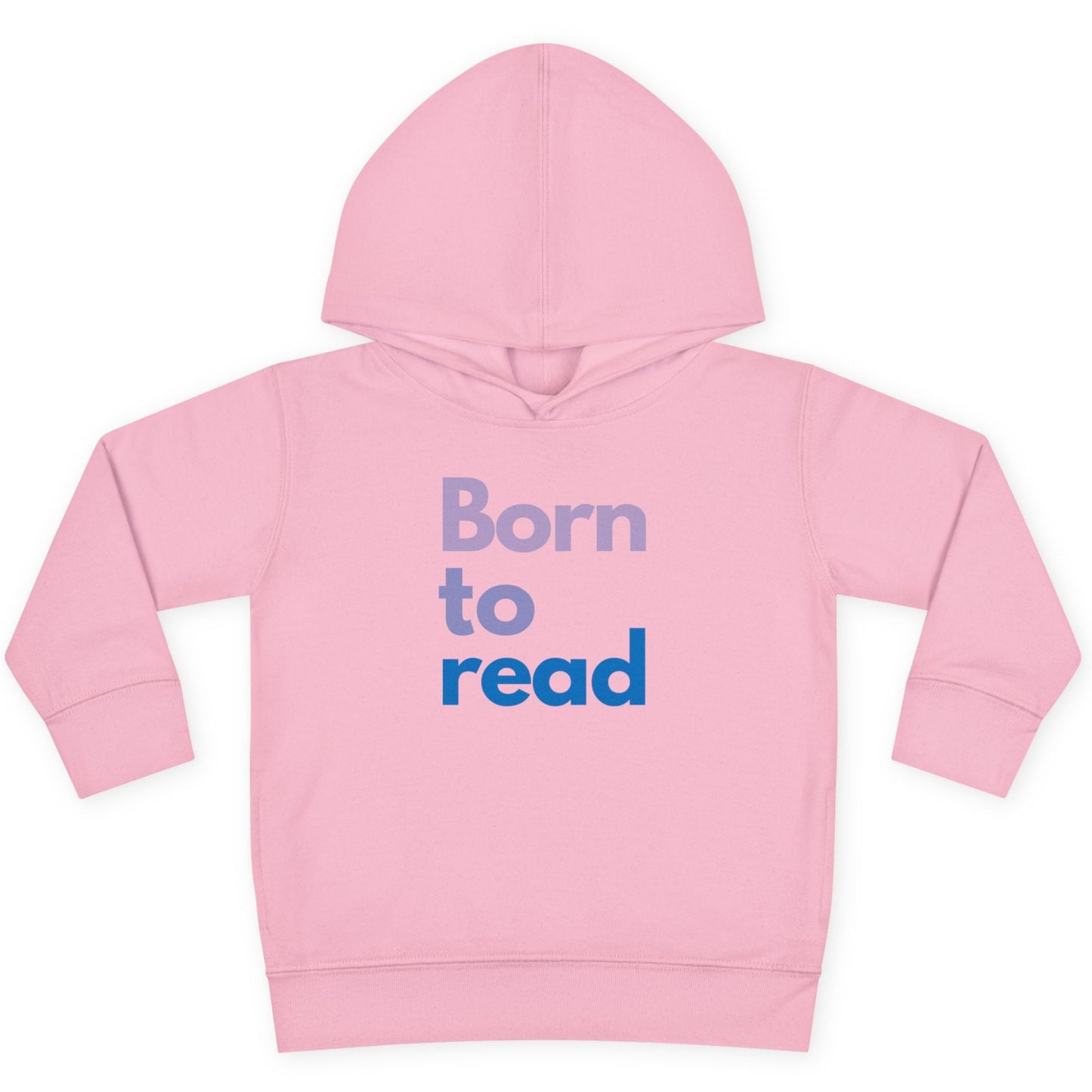 Pink hoodie with 'Born to read' text on a white background