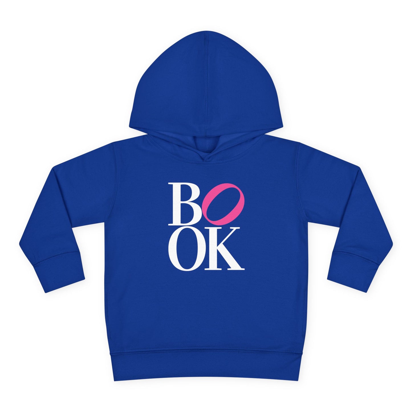 Blue hoodie with 'BOOK' printed on it against a white background