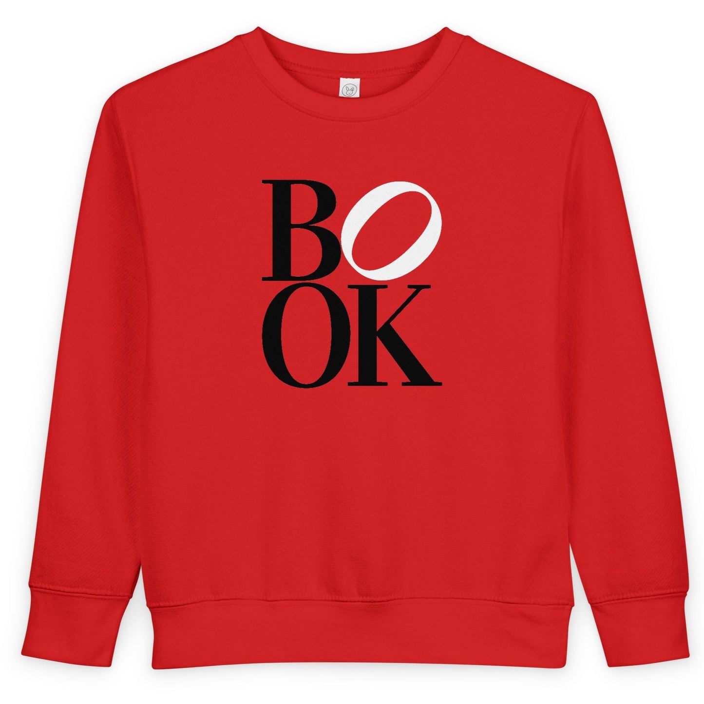 Red sweatshirt with 'BOOK' printed on it against a white background