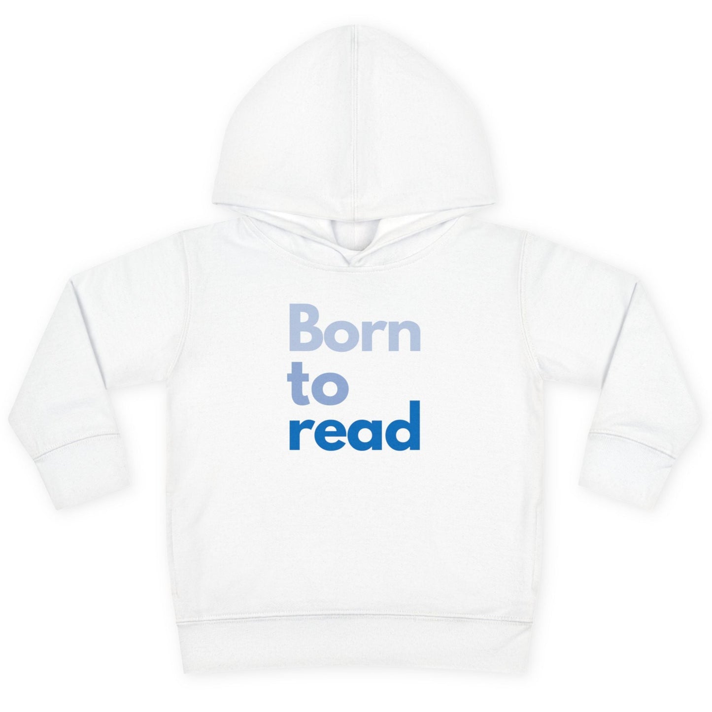 White hoodie with 'Born to read' text on a white background