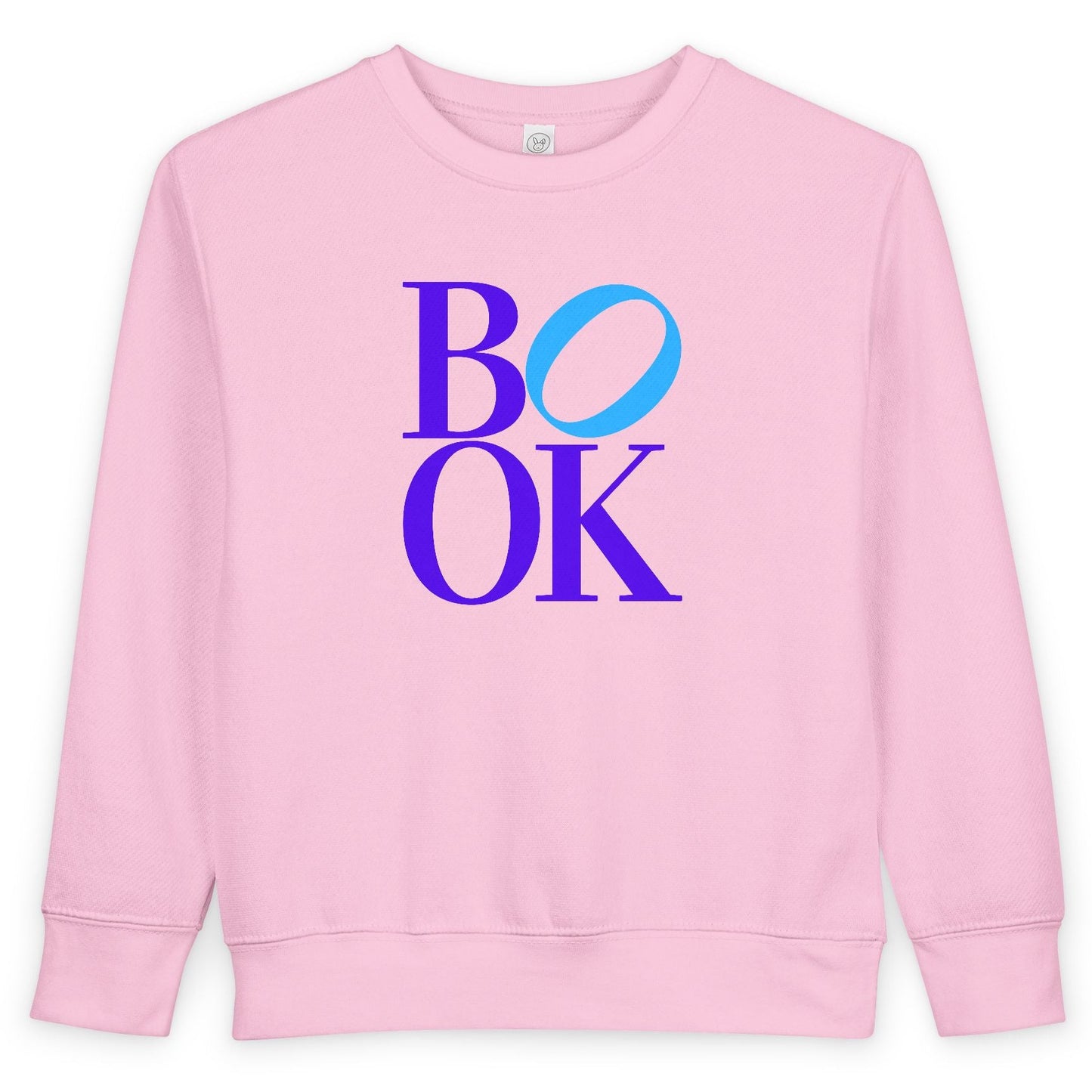 Pink sweatshirt with 'BOOK' text in purple and blue on a white background