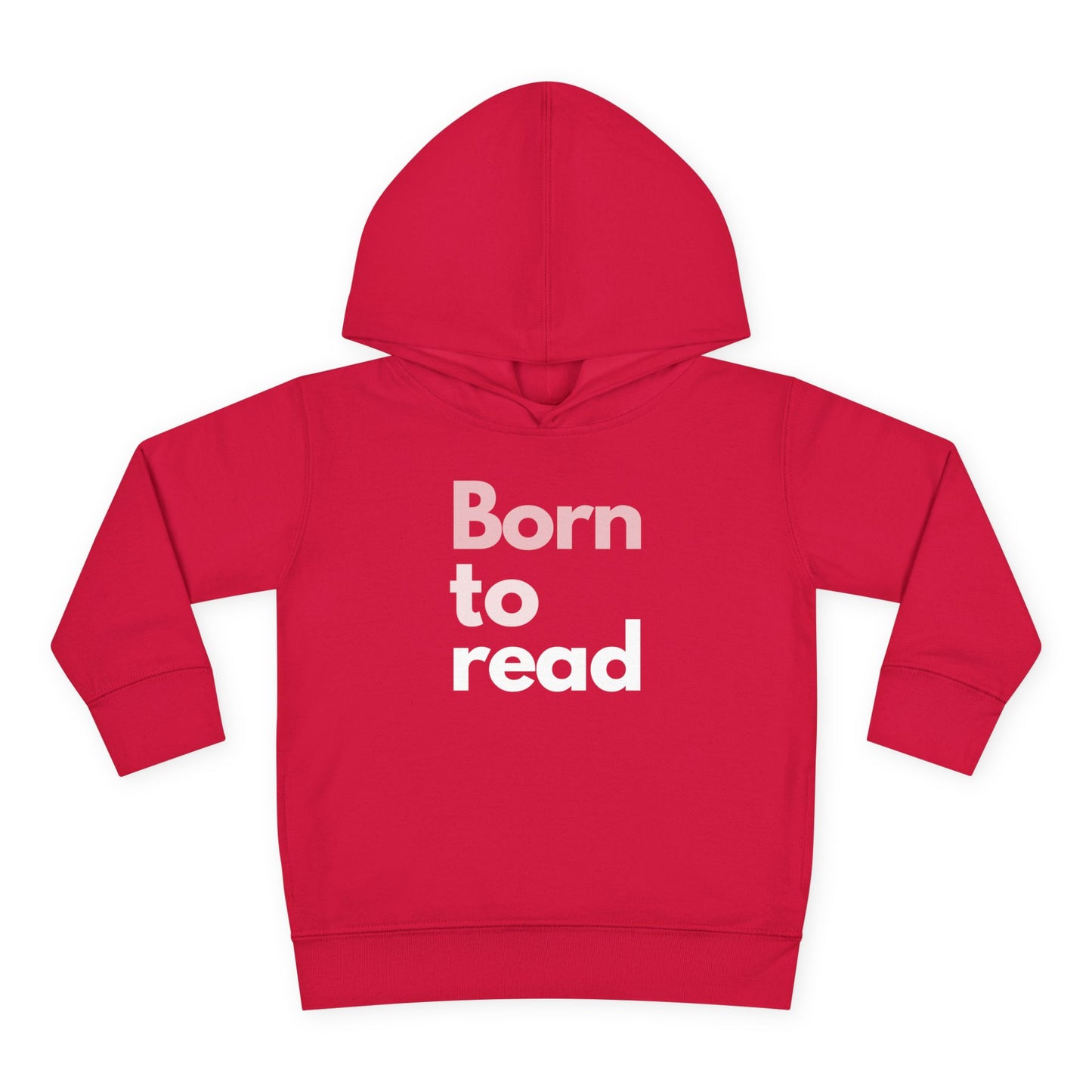 Red hoodie with 'Born to read' text on a white background