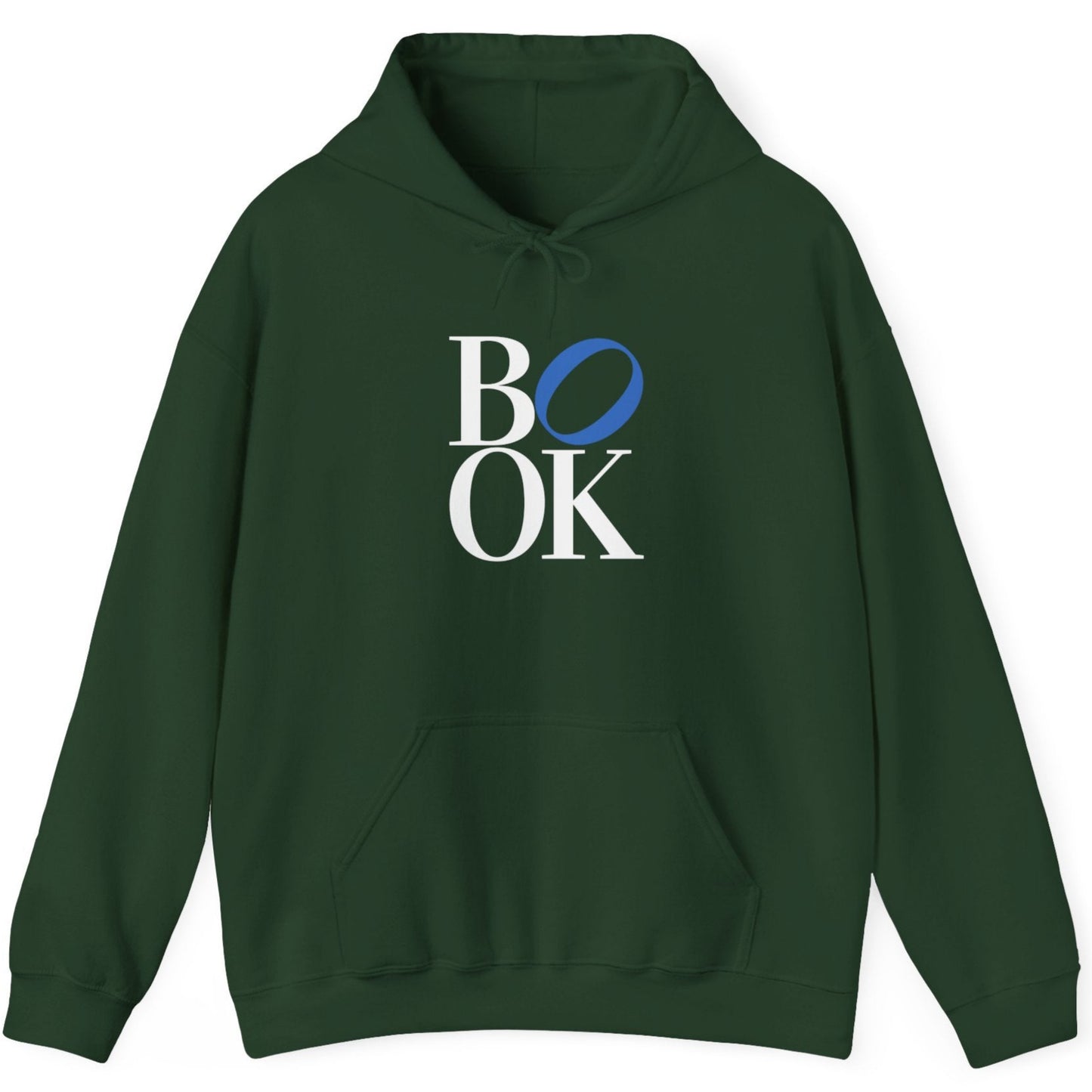 Green hoodie with 'BOOK' text on a white background