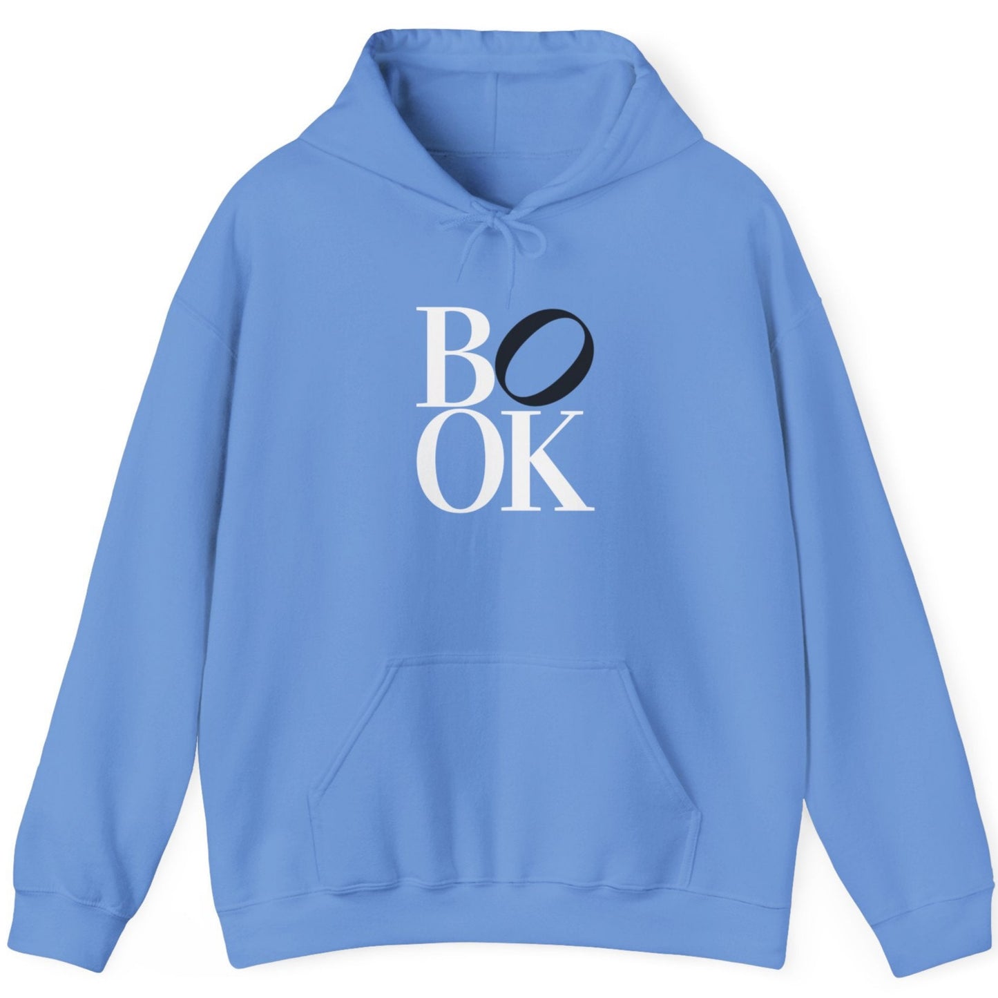 Blue hoodie with 'BOOK' text on a white background