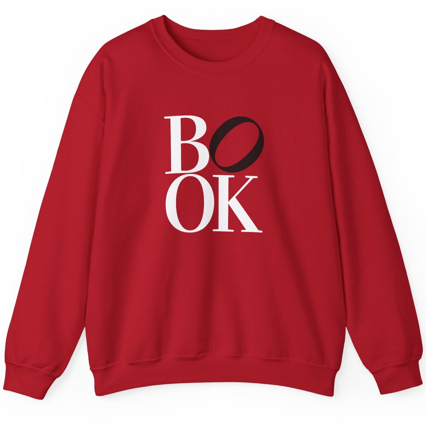 Red sweatshirt with 'BOOK' text on a white background