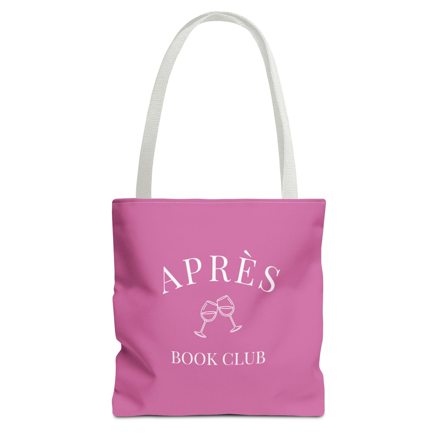 Pink tote bag with 'APRÈS BOOK CLUB' text and wine glass icons on a white background