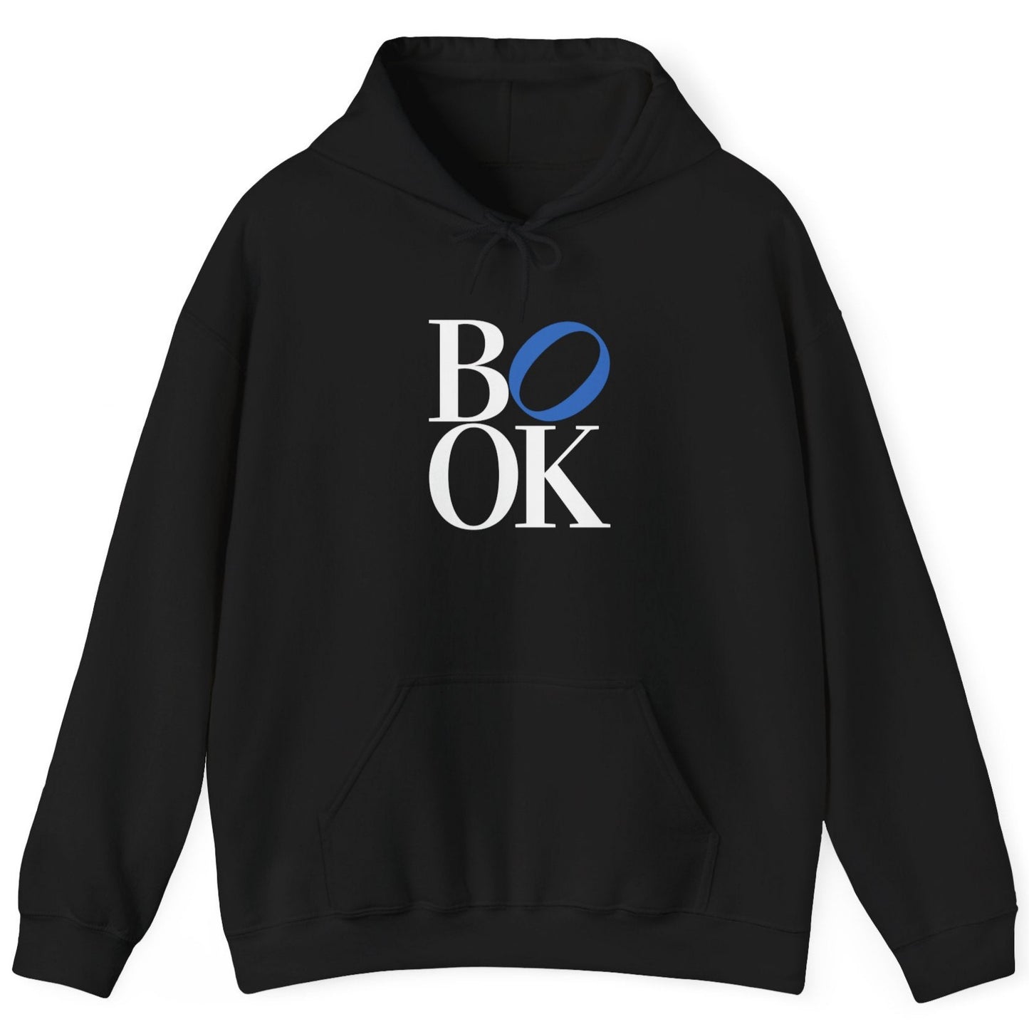 Black hoodie with 'BOOK' text on a white background