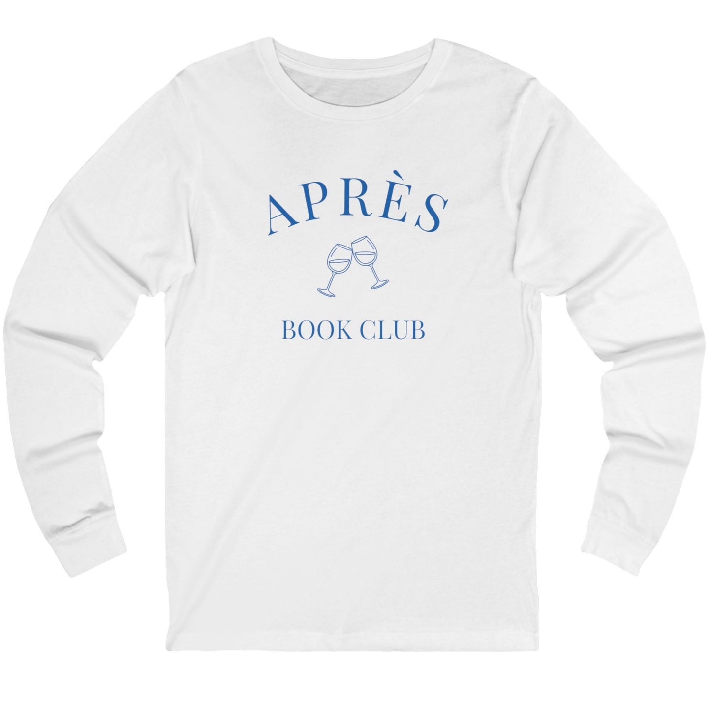 White long-sleeve shirt with 'Ap
es Book Club' text and graphics on a white background