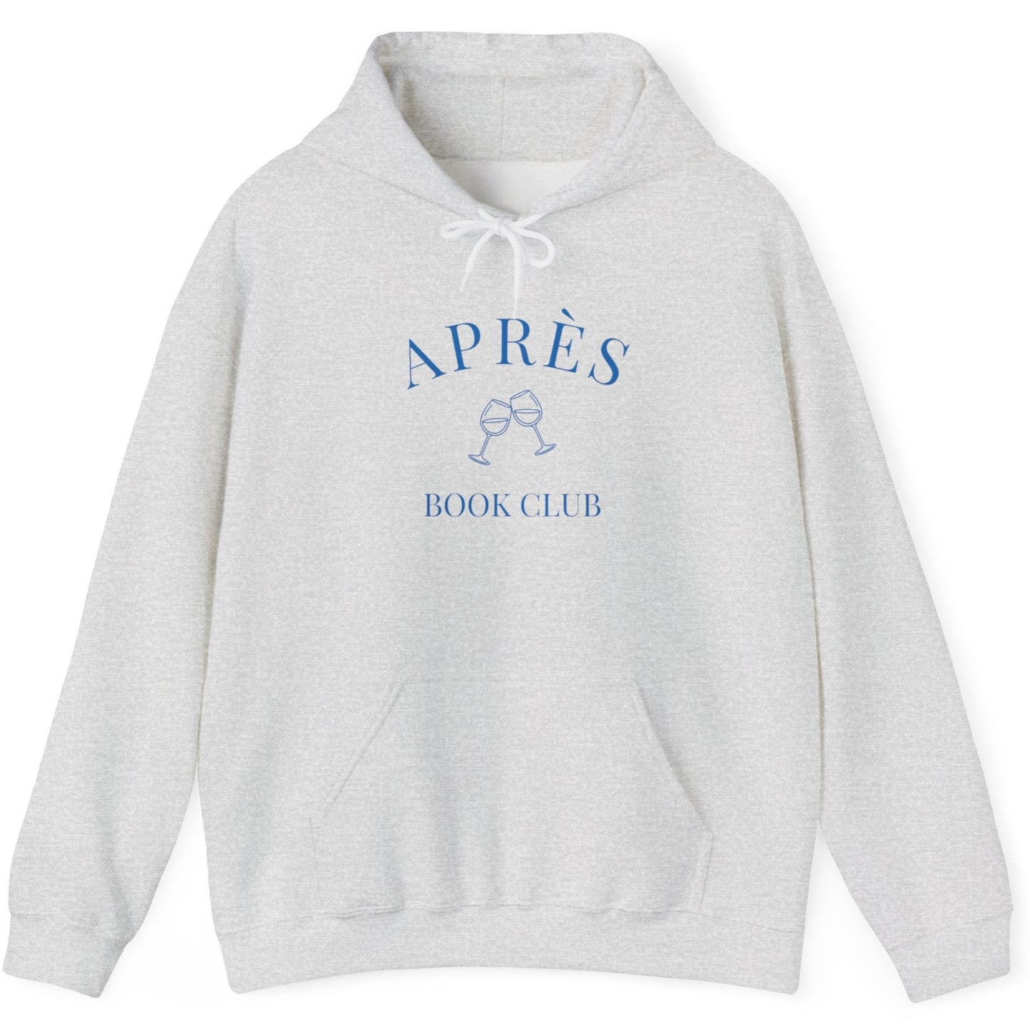 Gray hoodie with blue text and logo on a white background