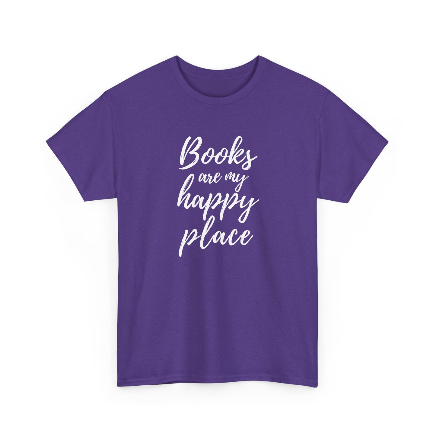 Purple t-shirt with 'Books are my happy place' text on a white background